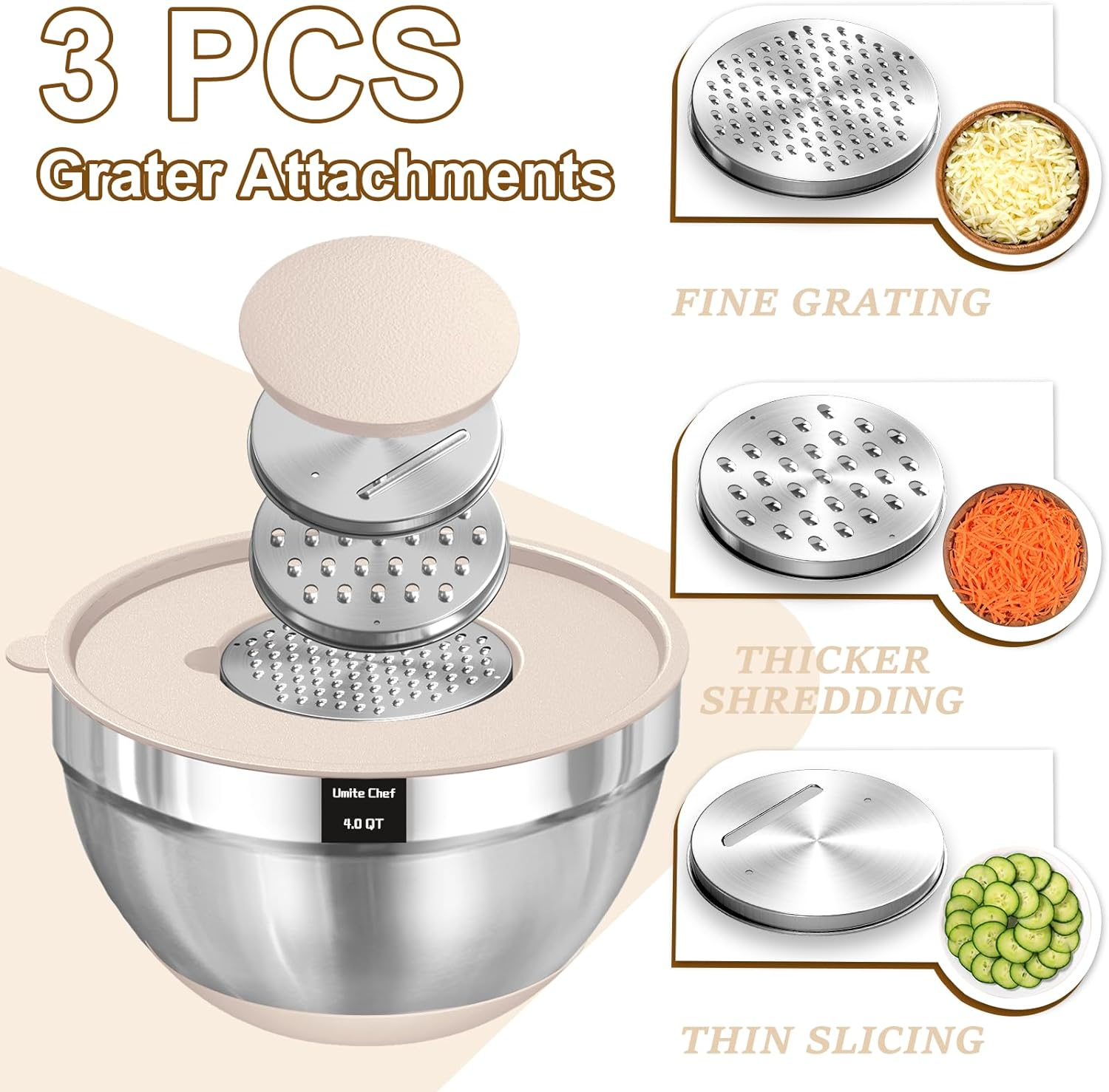 Umite Chef Mixing Bowls with Airtight Lids Set, 8PCS Stainless Steel Khaki Nesting Bowls with Grater Attachments, Kitchen Bowls with Non-Slip Bottoms, Size 5, 4, 3.5, 2, 1.5QT for Mixing & Serving image number 4