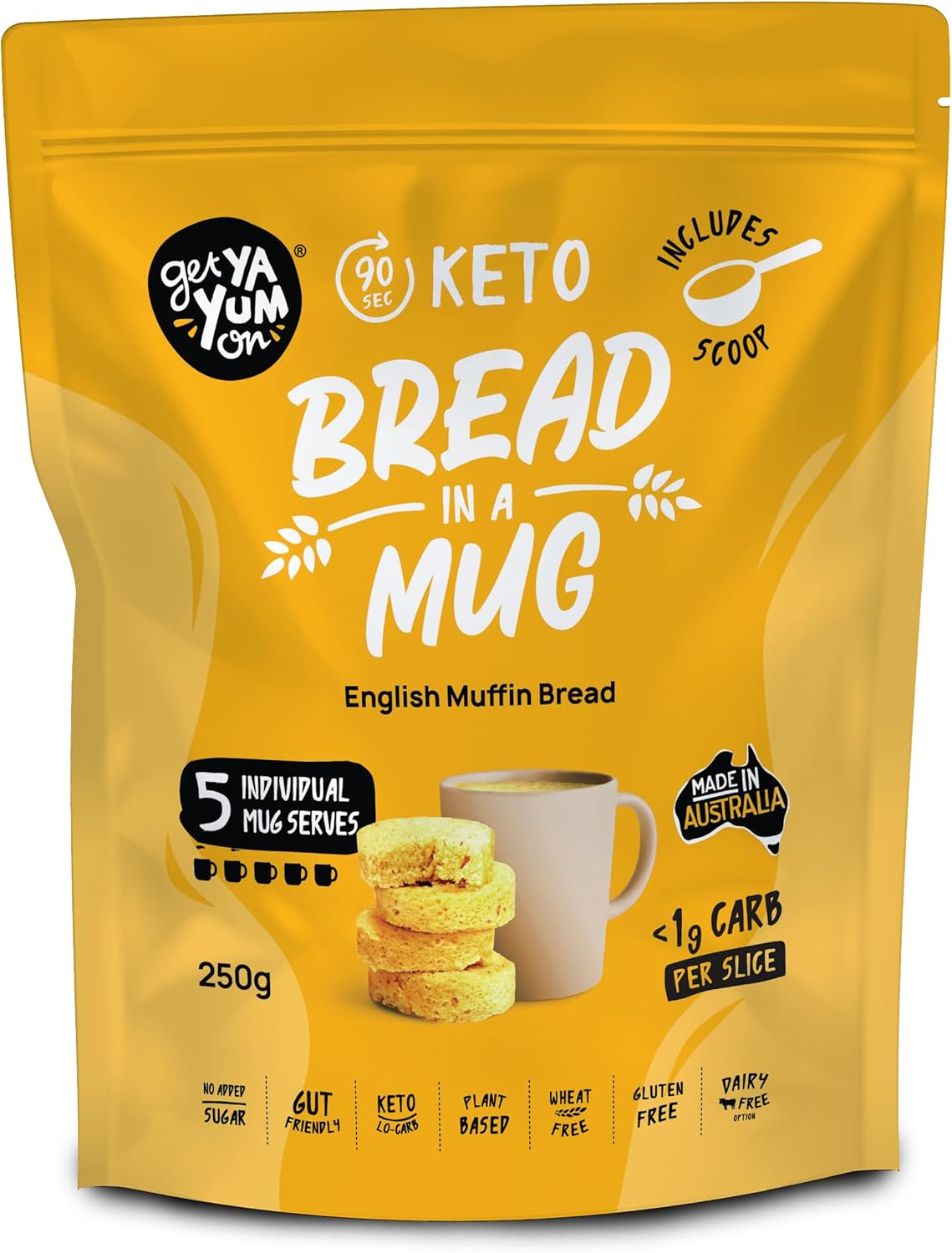 Get Ya Yum on 90-Second Bread in a Mug Mix English Muffin VALUE PACK - 5 X Mug Mix: No Sugar Added, Gluten Free, Low Carb (Keto Friendly) Gut Friendly, Vegan Friendly, <1G Carb per Serve, Plant-Based, 250G image number 2