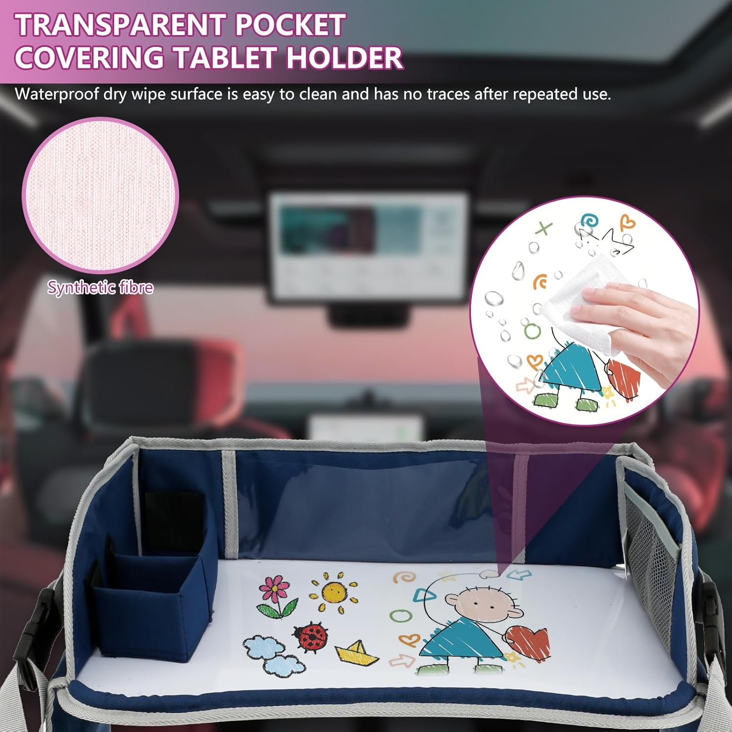 Fwqofvk Car Seat Tray, Kids Travel Tray for Car, Easy to Install Car Seat Table Tray, Portable Car Lap Tray with Adjustable Shoulder Strap and Pocket for Kids Road Trip Activities (Pink) image number 5