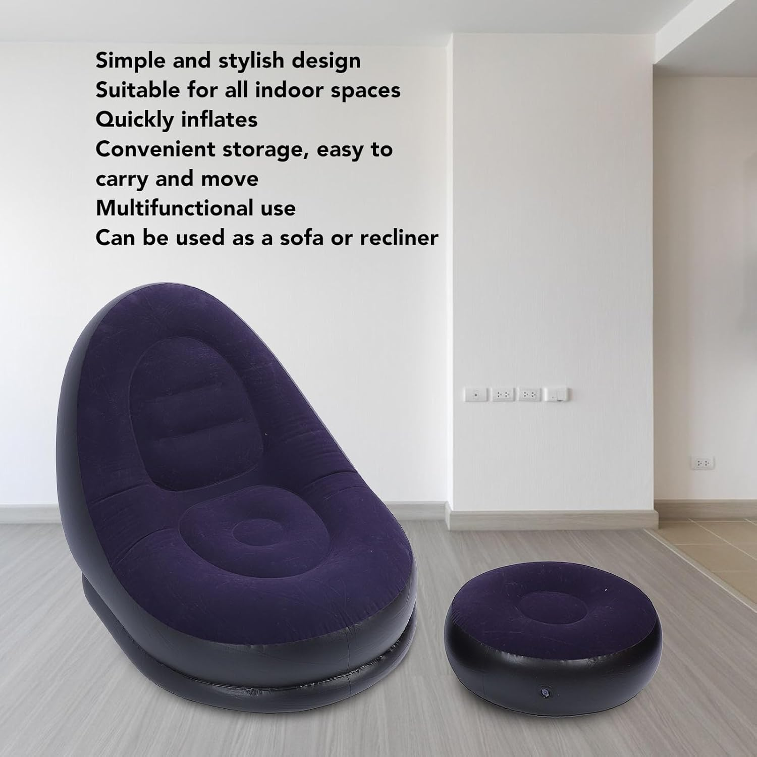 Inflatable Sofa Chair, Stylish Soft Blow up Lounger with Footstool, Ergonomic Design for Living Room, Outdoor Travel, Camping (Dark Blue)