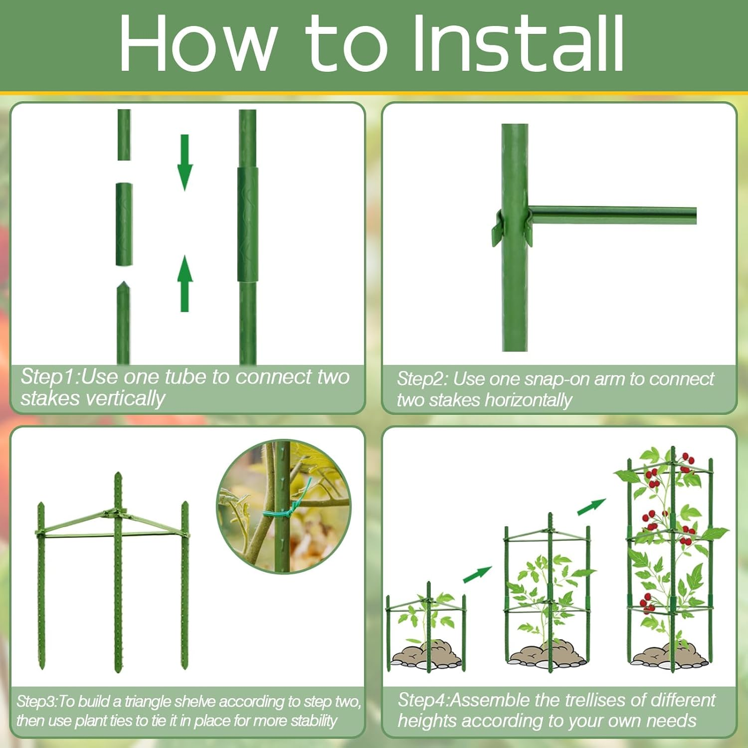LTZEMOO 6 Pack Tomato Cages for Garden,Up to 48In(4Ft) Adjustable Tomato Cage,Garden Stakes Tomatos Trellis for Pots,Tomatos Plant Support for Raised Gardens Bed &Climbing Vegetables Flowers(Green)