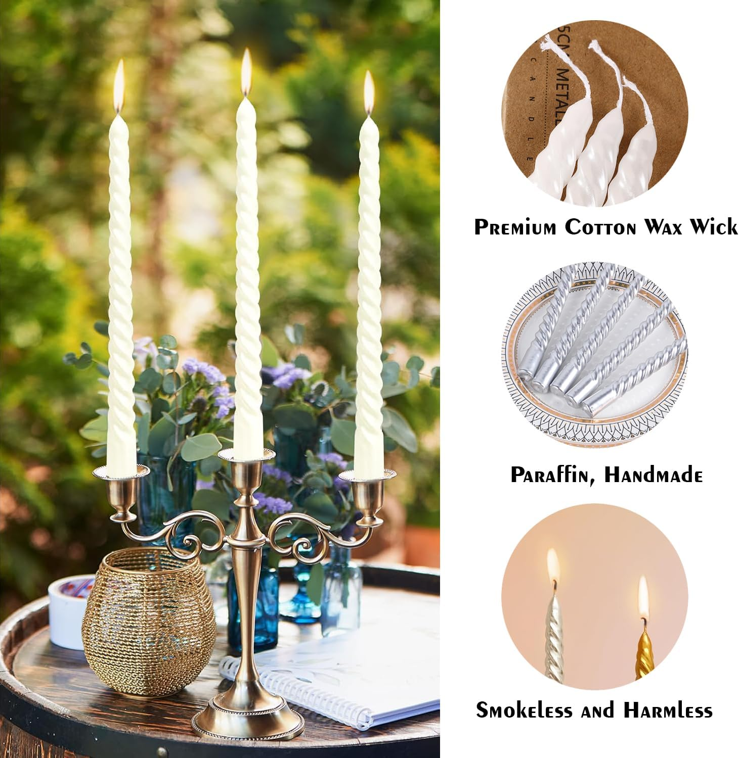 10 Inch Metallic White Spiral Taper Candles - 12 Pack Unscented, Dripless Twisted Candlesticks for Wedding, Dinner Party, Ceremony, Religious Events, and Holiday Home Decor (White) - White image number 4