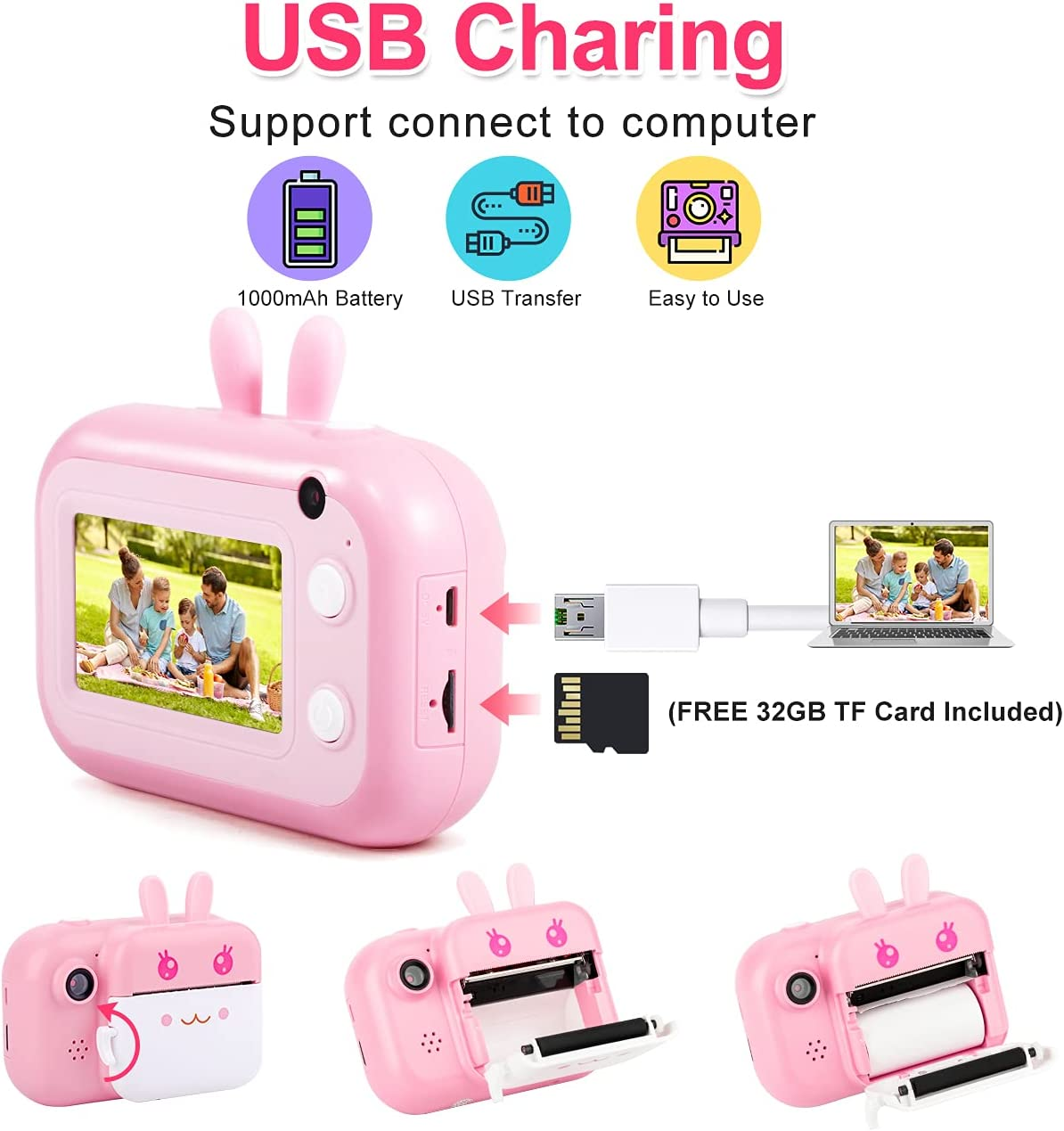 MINIBEAR Kids Instant Print Camera with 3&rsquo; Touch Screen, 28MP Digital Camera for Kid, 1080P Kids Selfie Video Camera, Children Toy Camera with 32GB TF Card for Boys and Girls（Pink） image number 3