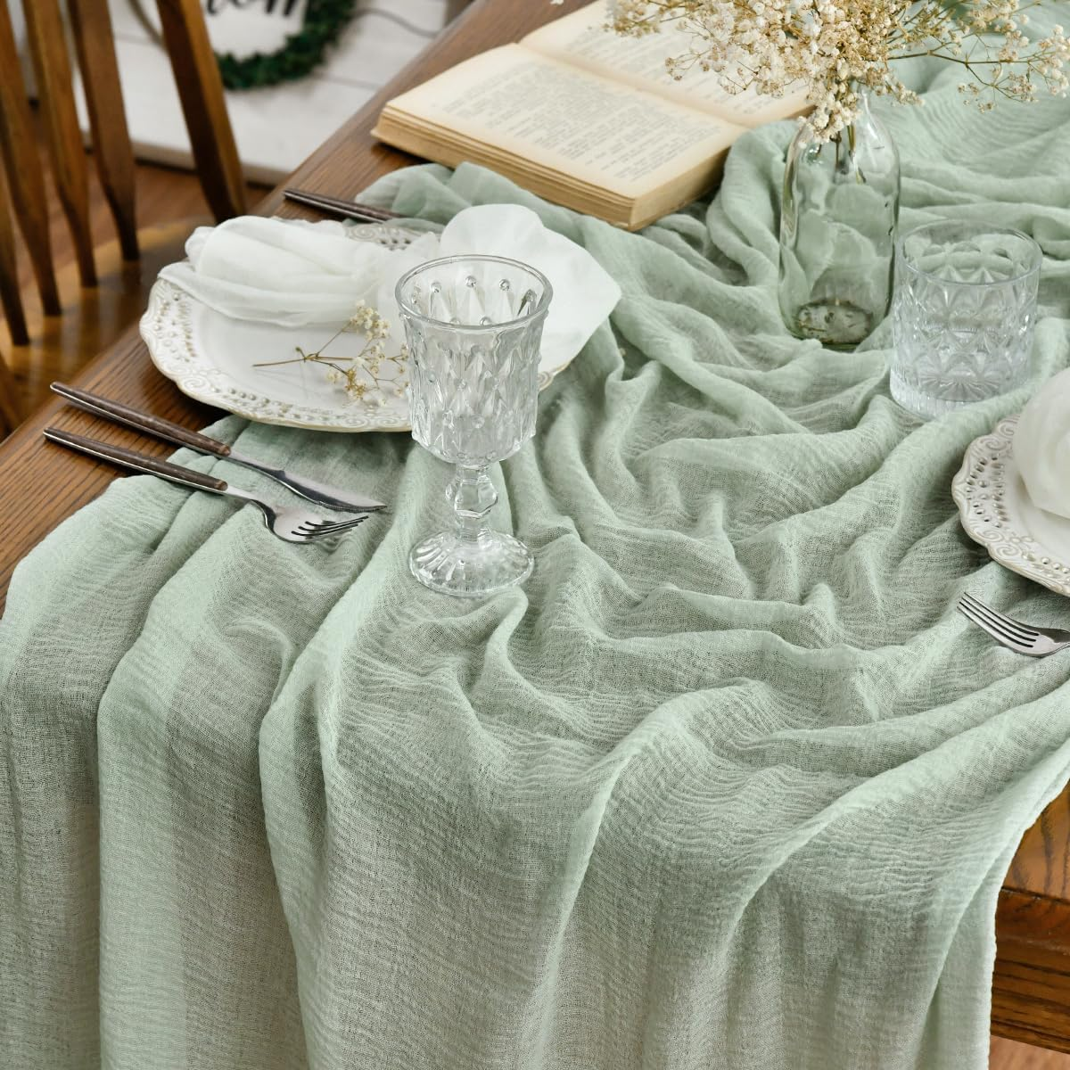 Artoid Mode Verde Foresta Fashion Boho Gauze Cheesecloth Dusty Table Runner, 90 X 300 Cm Seasonal Holiday Kitchen Dining Table Decoration for Indoor Outdoor Home Party Decor - Black image number 2
