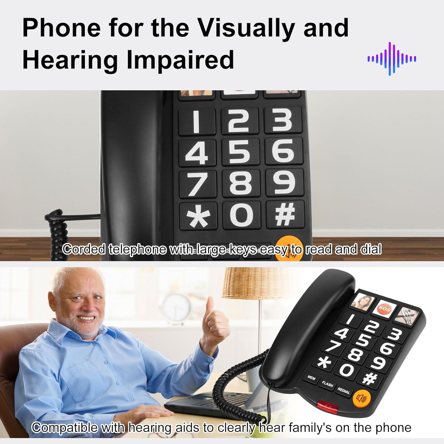 Landline Phone for Hard of Hearing, Phone for Seniors Compatible Hearing Aid, Big Button Phone with Picture, One-Touch Dialing, Elderly Phone for Seniors, Dementia, Alzheimer'S, Hearing Impaired image number 2