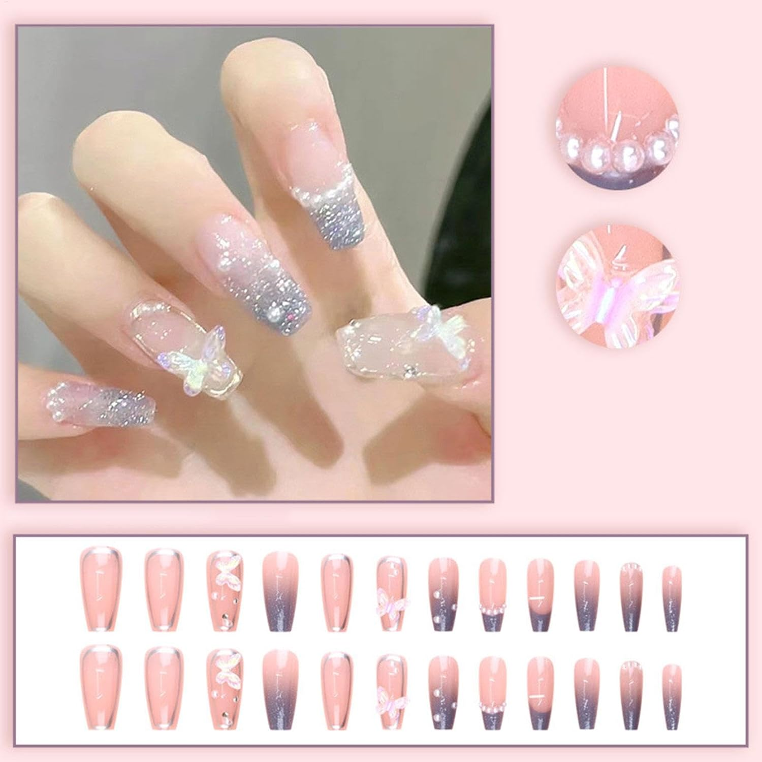 Iouyjiu Press on Nails, Artificial Fake Nails, French Style Nail Set, Adorned with Bows, Includes Manicure Stickers 24 Piece Kit Perfect for Kids and Nail Arts, 30G image number 5