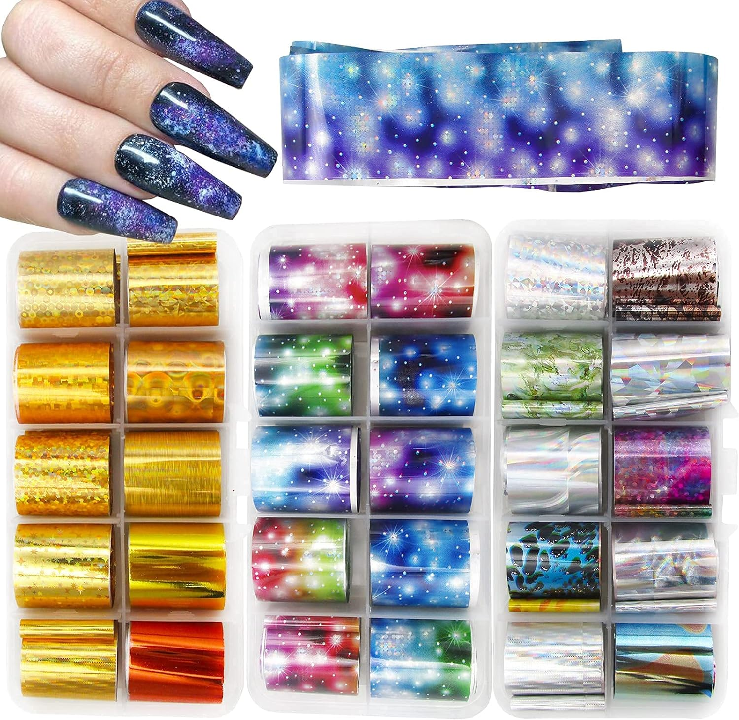 30 Rolls Holographic Transfer Nail Foil Glitter Starry Sky Nail Foils Wraps Metallic Gold Silver Laser Transfer Nail Decals Nail Foil Paper,1 Stainless Steel Curved Scissors (Holographic Starry) image number 2