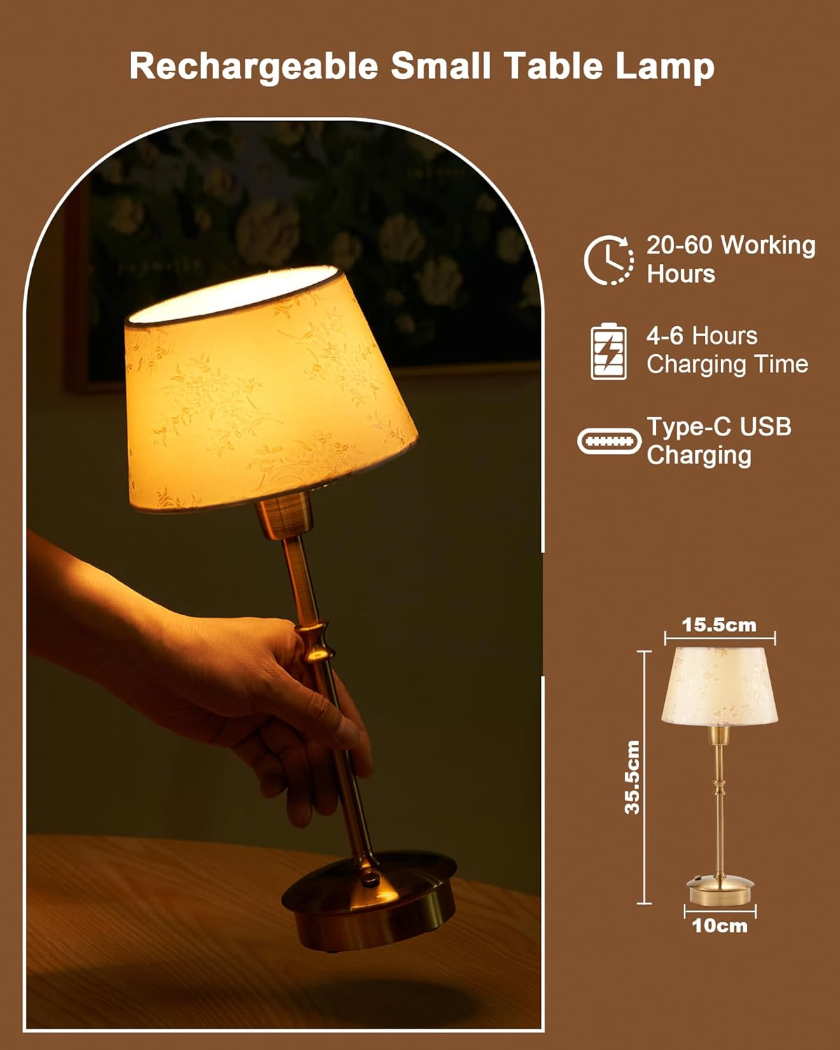 UMEXUS Cordless Table Lamp with Dimmer, 5200Mah Rechargeable Battery Operated Lamps for Restaurant Dinner Table, Small Portable Touch Bedside Light for Living Room Kitchen Dining Room Patio Home Decor image number 4