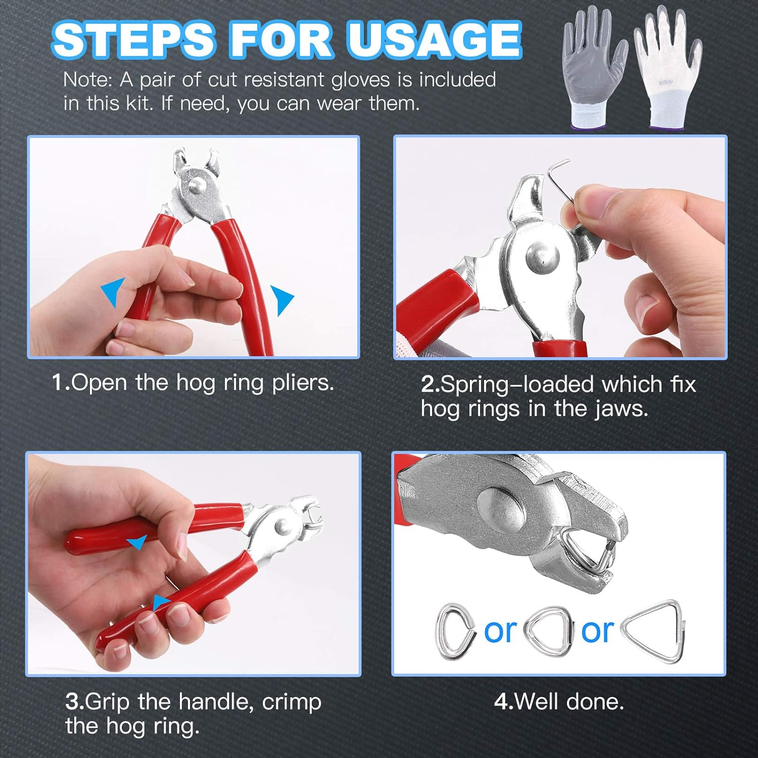 Glarks 362Pcs Hog Ring Pliers Kit with 360Pcs 1/2'' 3/4'' 3/8'' Steel Hog Rings and Anti-Cutting Gloves for Upholstery, Fencing, DIY Craft, Furniture and More image number 6