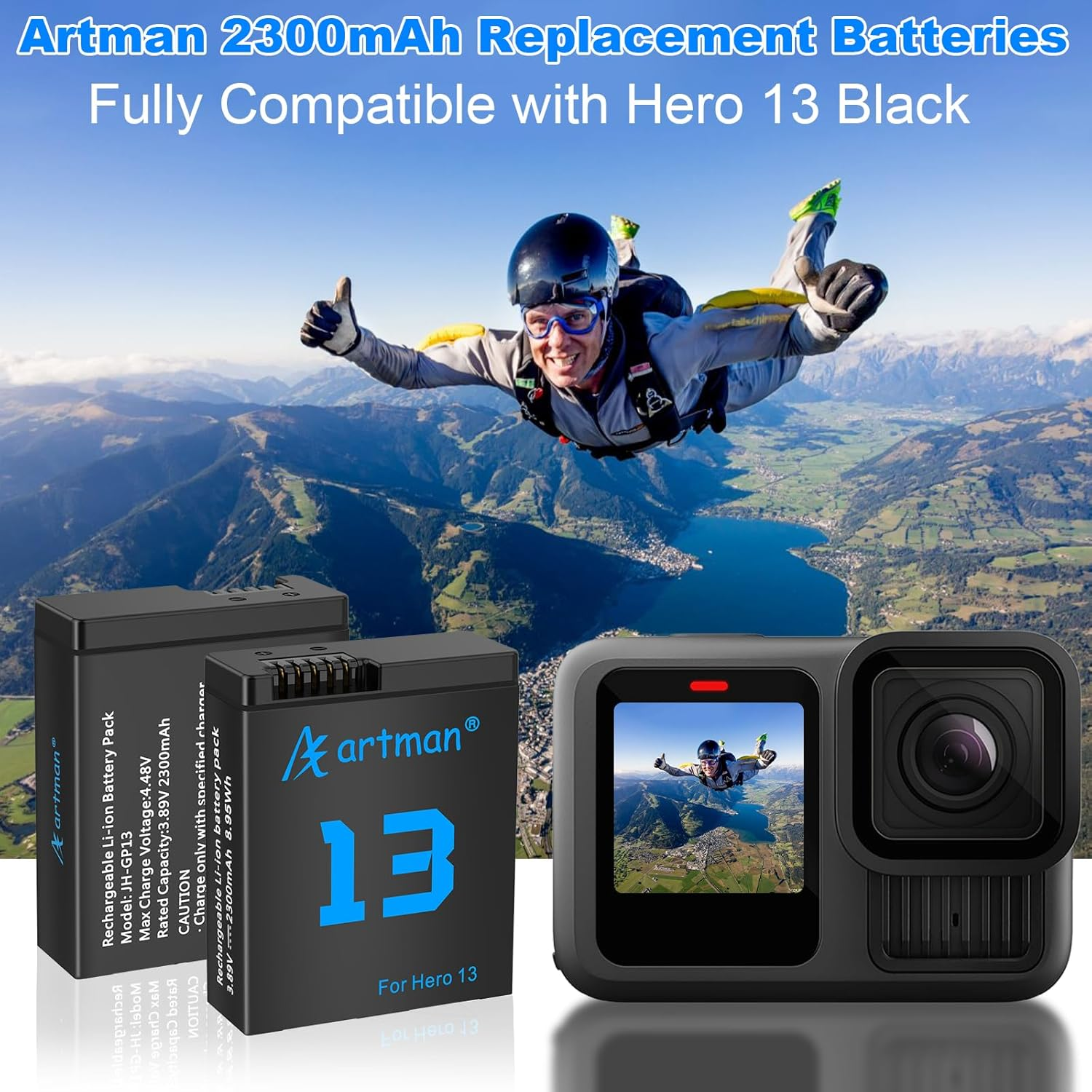Artman Hero 13 Battery 2300Mah for Hero13 Black Camera, LCD 3-Slot Fast USB-C Charger Fully Compatible with Gopro Hero 13 Batteries and Charger (3-Pack) image number 5