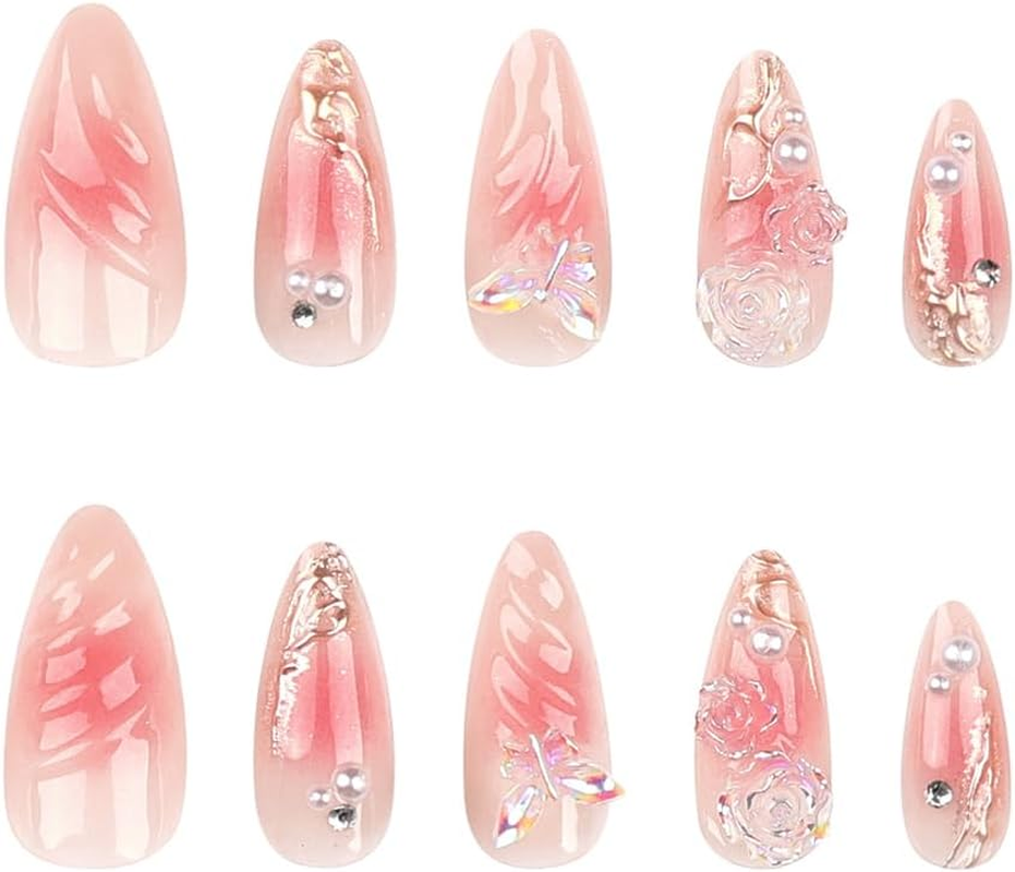 French Pink Press on Nails - 24 PCS 3D Flower Fake Nails Long Coffin False Nails with Rhinestones Designs Stick on Nails for Women Girls Party Salon image number 4