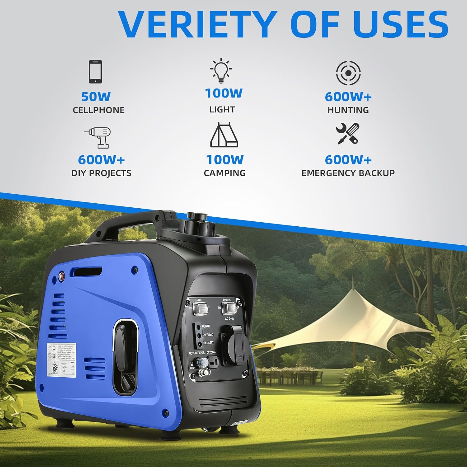 Gentrax 700W Portable Inverter Generator - 800W Peak, 100% Pure Sine Wave, Ultra-Light 8.5Kg, Petrol Powered, Ideal for Outdoor Camping and Emergency Home Backup - Blue image number 3