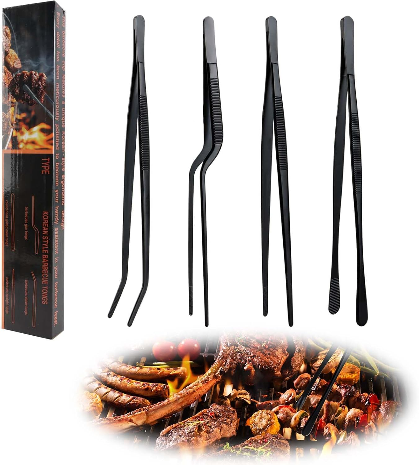 4 Pcs Kitchen Fine Tweezer Tongs Set, 12" Extra-Long Stainless Steel Food Tweezers, Professional Precision Cooking Tweezers for BBQ, Seafood, Baking, Garnishing & Repairing (Black) image number 5