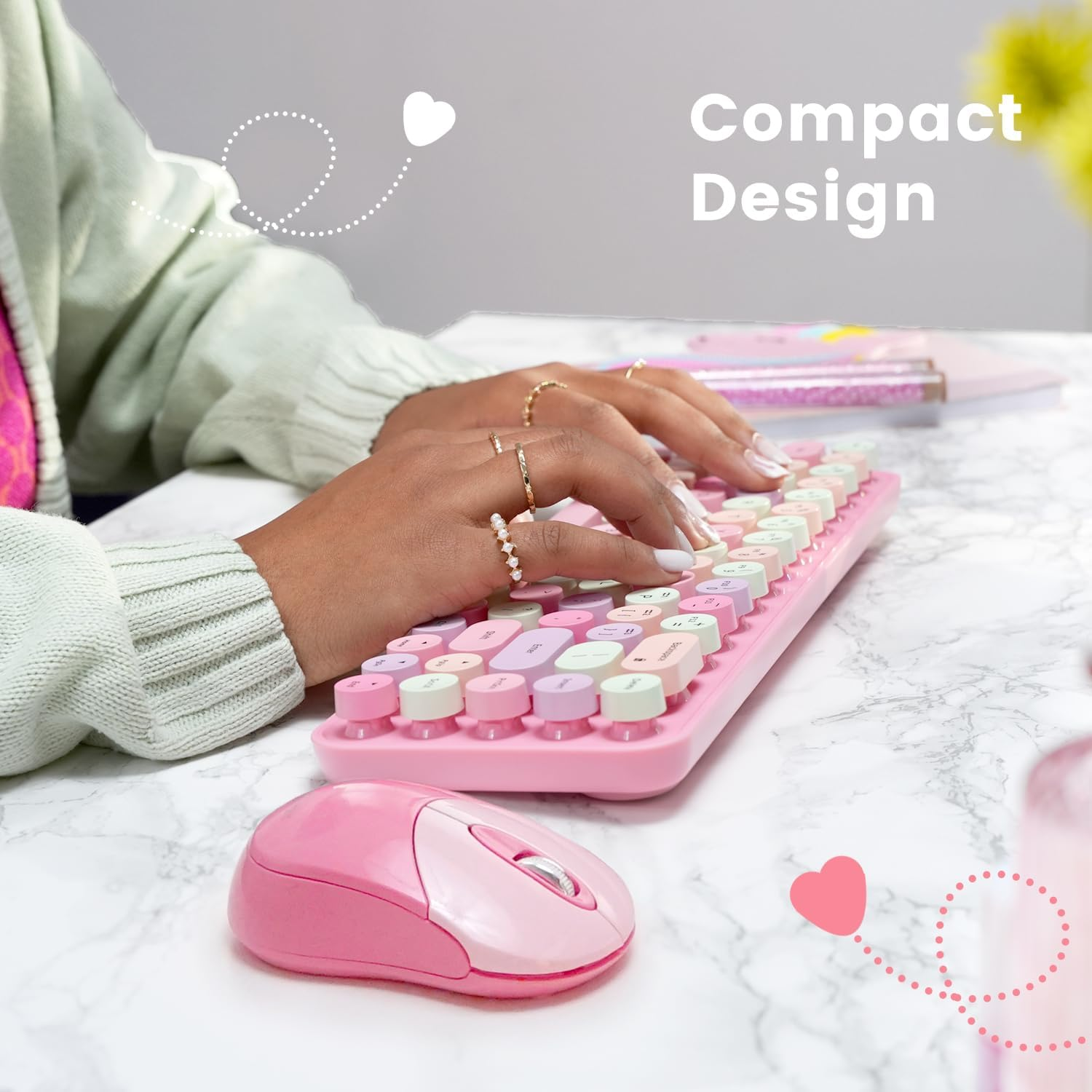 Perixx PERIDUO-802PK Bluetooth Mini Keyboard and Mouse Combo - Retro round Key Caps - Pastel Pink - US English image number 3