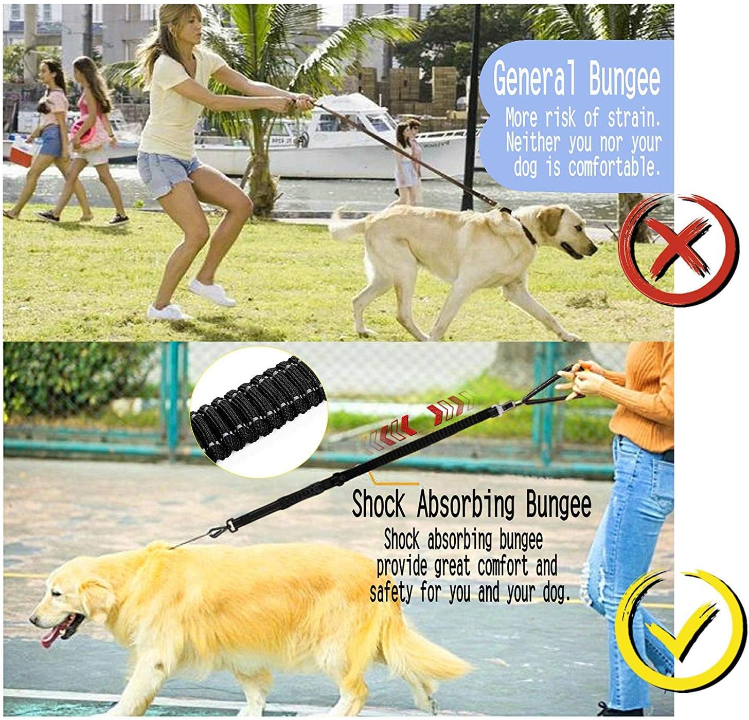 2 in 1 Dog Lead & Car Seat Belt, 150Cm Reflective Anti-Shock Bungee Dog Leash with 2 Handles for Medium/Large Dogs - Pet Car Safety Harness (Black) - Black image number 4