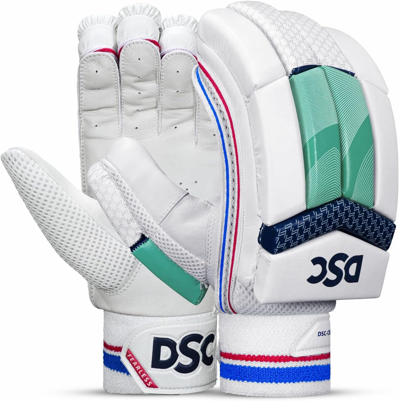 DSC Intense Valor Leather Left Handed Cricket Batting Gloves for Mens, White Turquoise| Softball Batting Gloves -Durable Full Wrap Cage Practice Gloves - Reinforced Wrist + Heavy Duty Leather