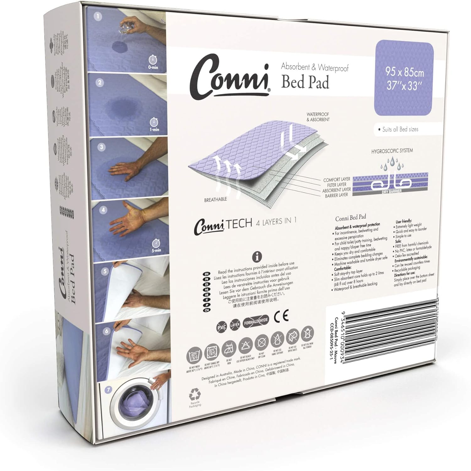 Conni Reusable Bed Pad, Absorbent, Waterproof and Washable Protector Pad for Incontinence, Bed Wetting and Perspiration, Charcoal, 95 X 85 Cm - Organic Print image number 4