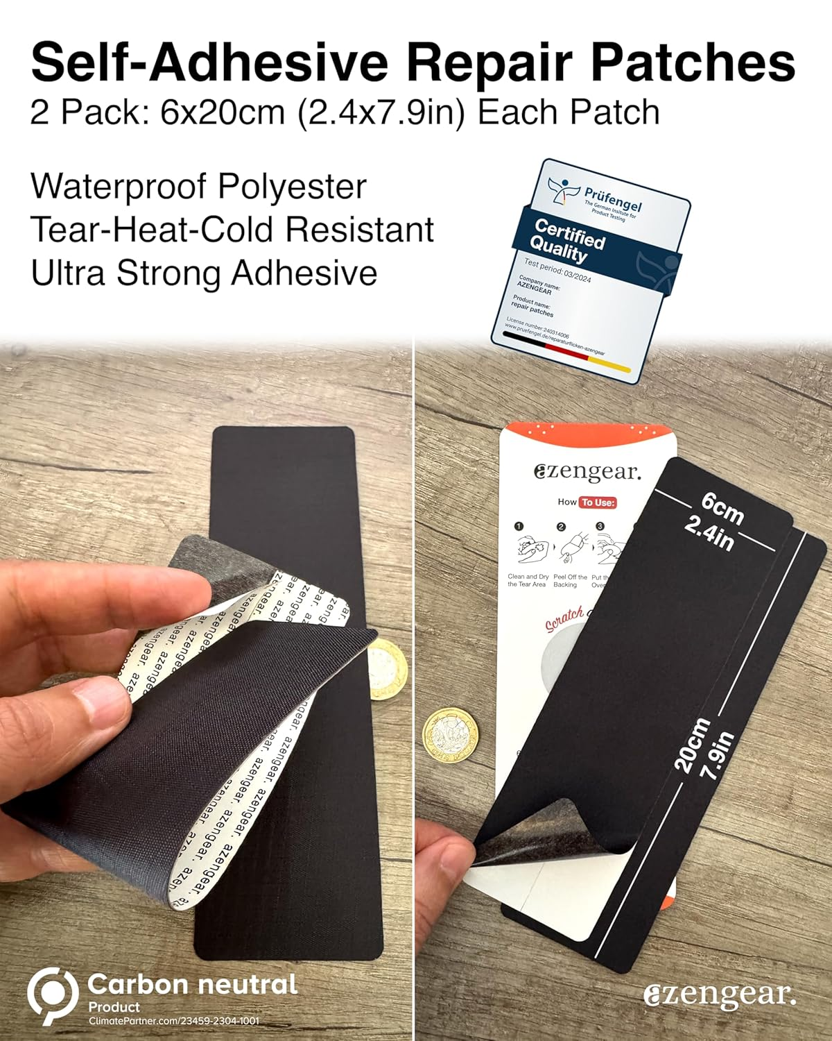 Azengear Repair Patches (2 Pack), Self-Adhesive, Waterproof, Tear-Cold-Heat-Resistant, Seal Tape to Fix Rips in down Jackets, Shoe Holes, Tents, Upholstery, Inflatables, Rvs (Black, 6X20Cm)