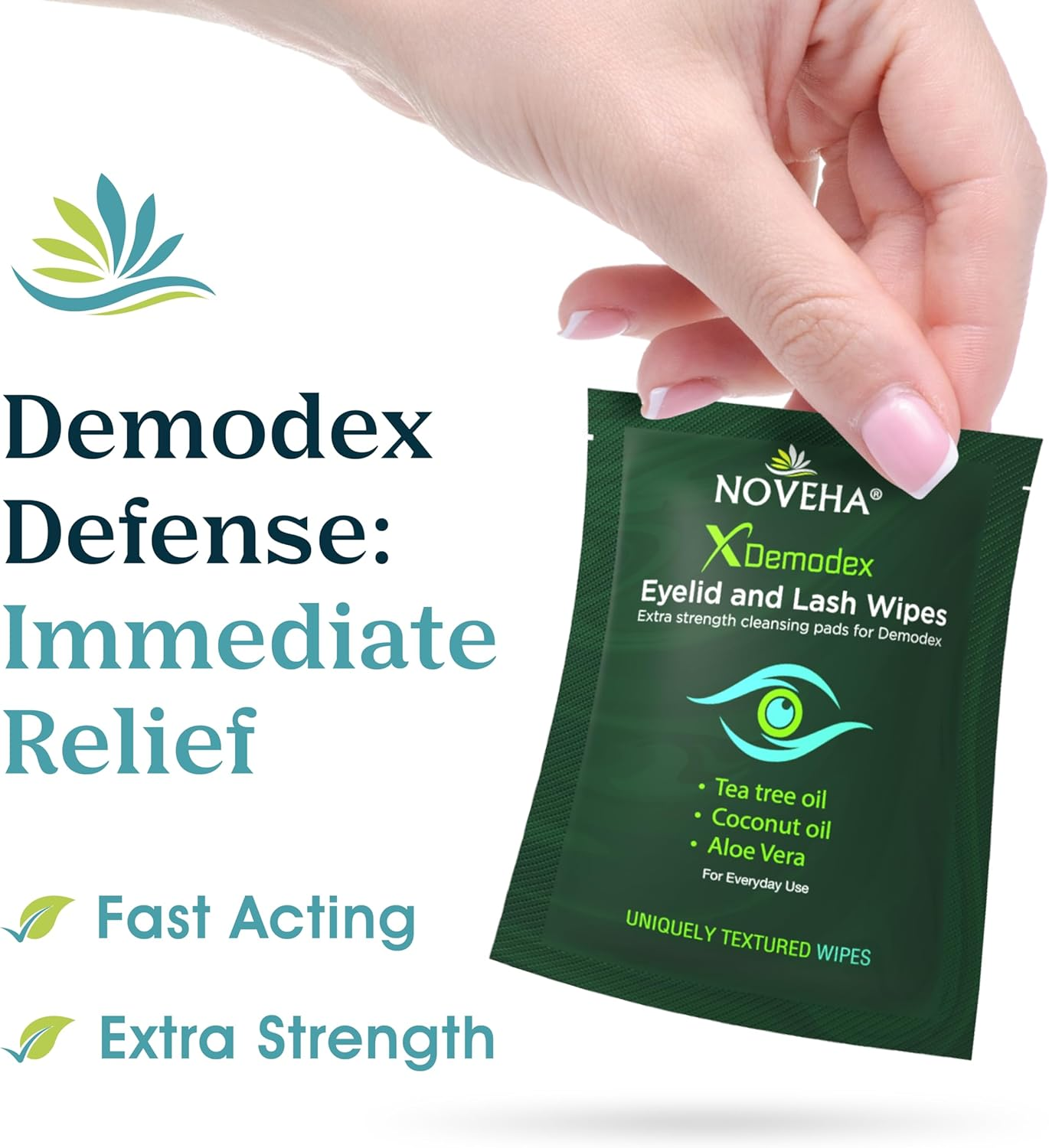 NOVEHA Demodex Eyelid & Lash Wipes | Box of 60 Individually Wrapped Extra Strength Cleansing Eyelash Wipes - Battle Itchy & Irritated Eyes Associated with Demodex Mites, Naturally Remove Debris image number 4