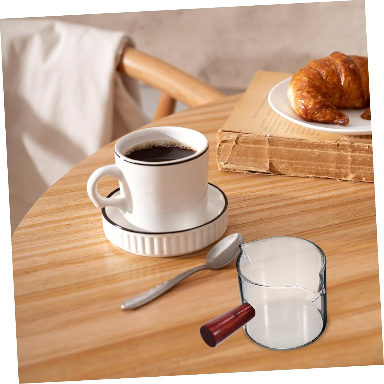 MOTHNUR 2 Pcs Espresso Glass Measuring Cups with Wooden Handles Dual Spout Pitchers for Coffee Creamer Milk Precise Graduated Design for Home Office Coffee Shop Use image number 2