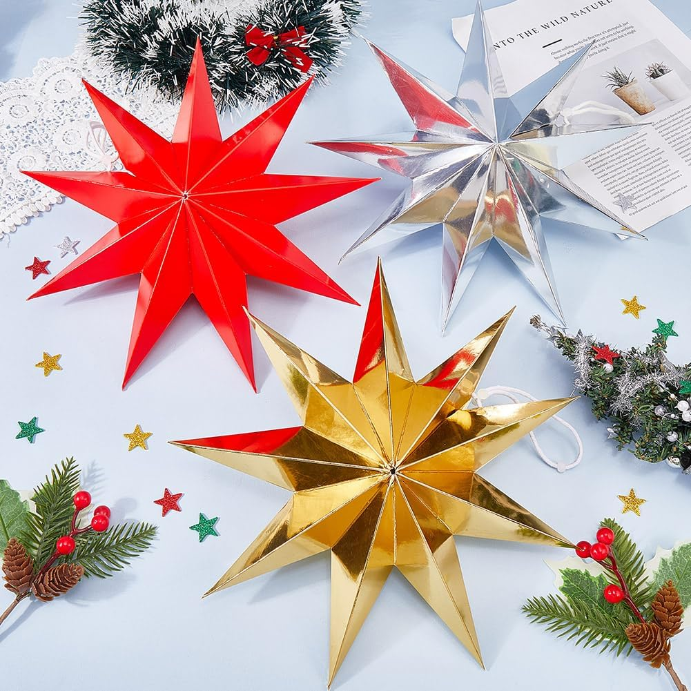 GORGECRAFT 6Pcs 3 Colors Paper Star Lanterns Gold Silver Red Nine Pointed Stars Winter Holiday Christmas Xmas Hanging Lampshade Lantern Decorations for Wedding Birthday Party Home Decor image number 3