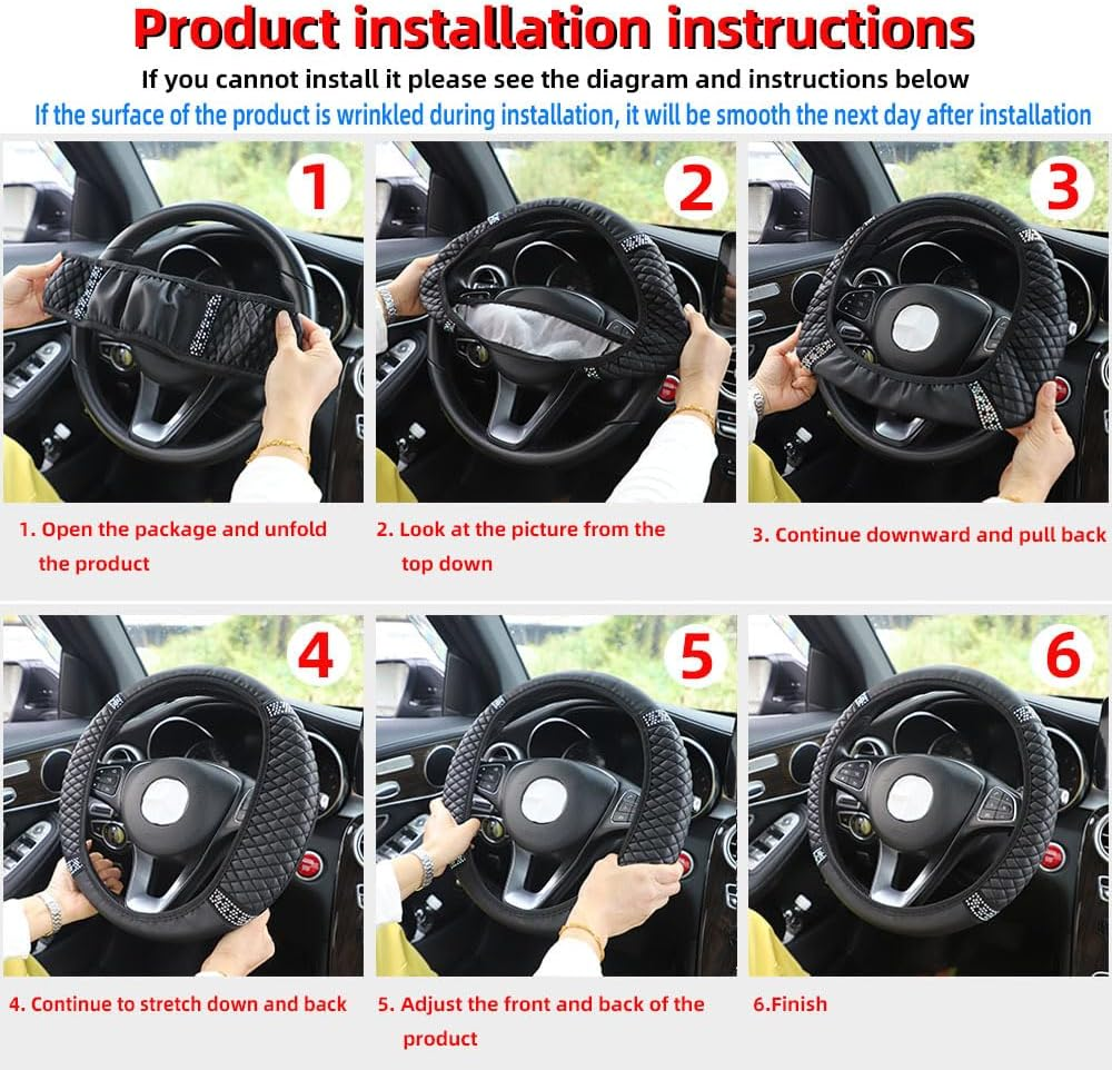 Bling Soft Leather Steering Wheel Cover,Colorful Rhinestones Auto Steering Wheel Protector, Car Accessories for Most Cars (Black, One Size) image number 4