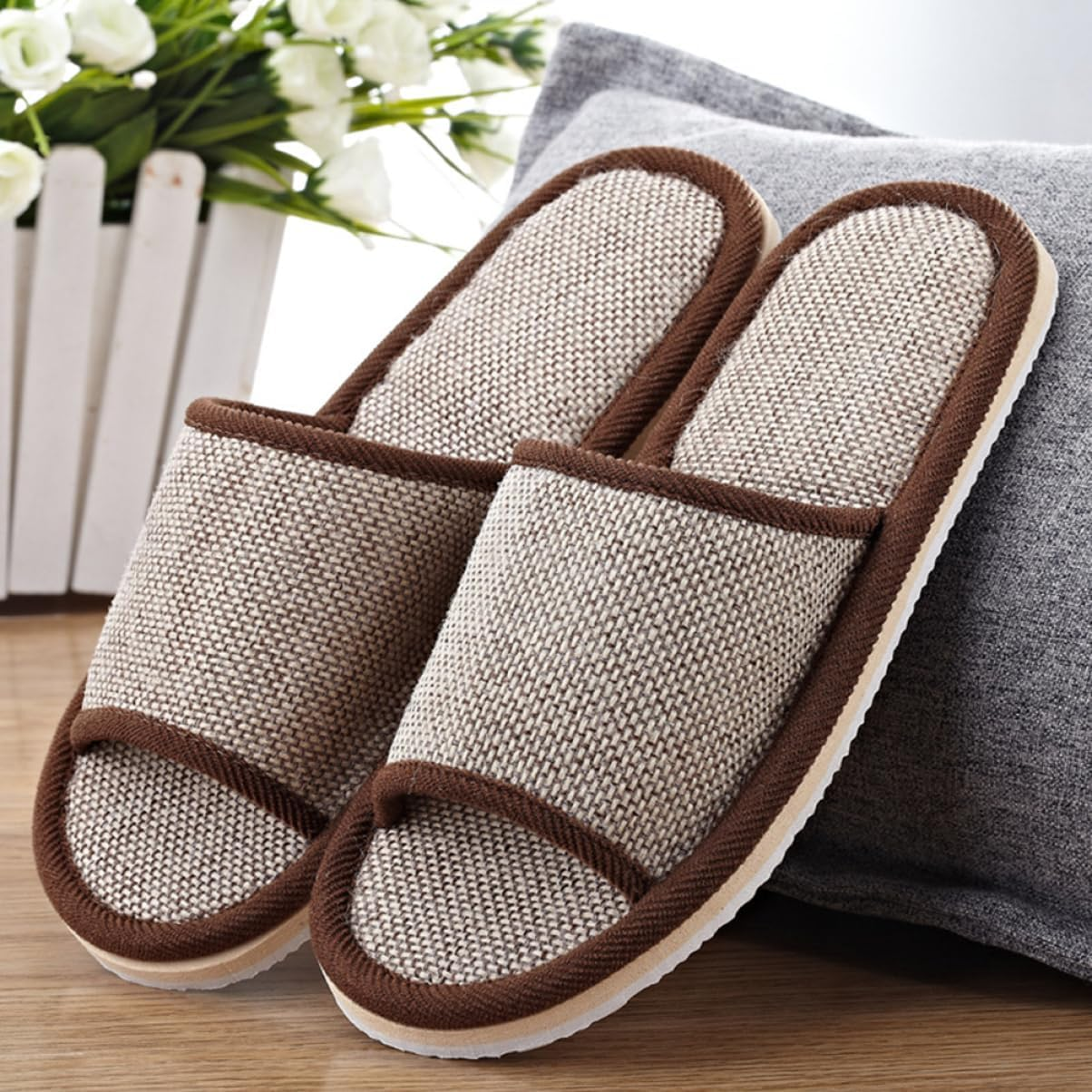 CLISPEED 2Pairs Linen Slippers for Home Hotel Non- Eva Bottom Lightweight Comfortable Footwear Dark Coffee image number 3