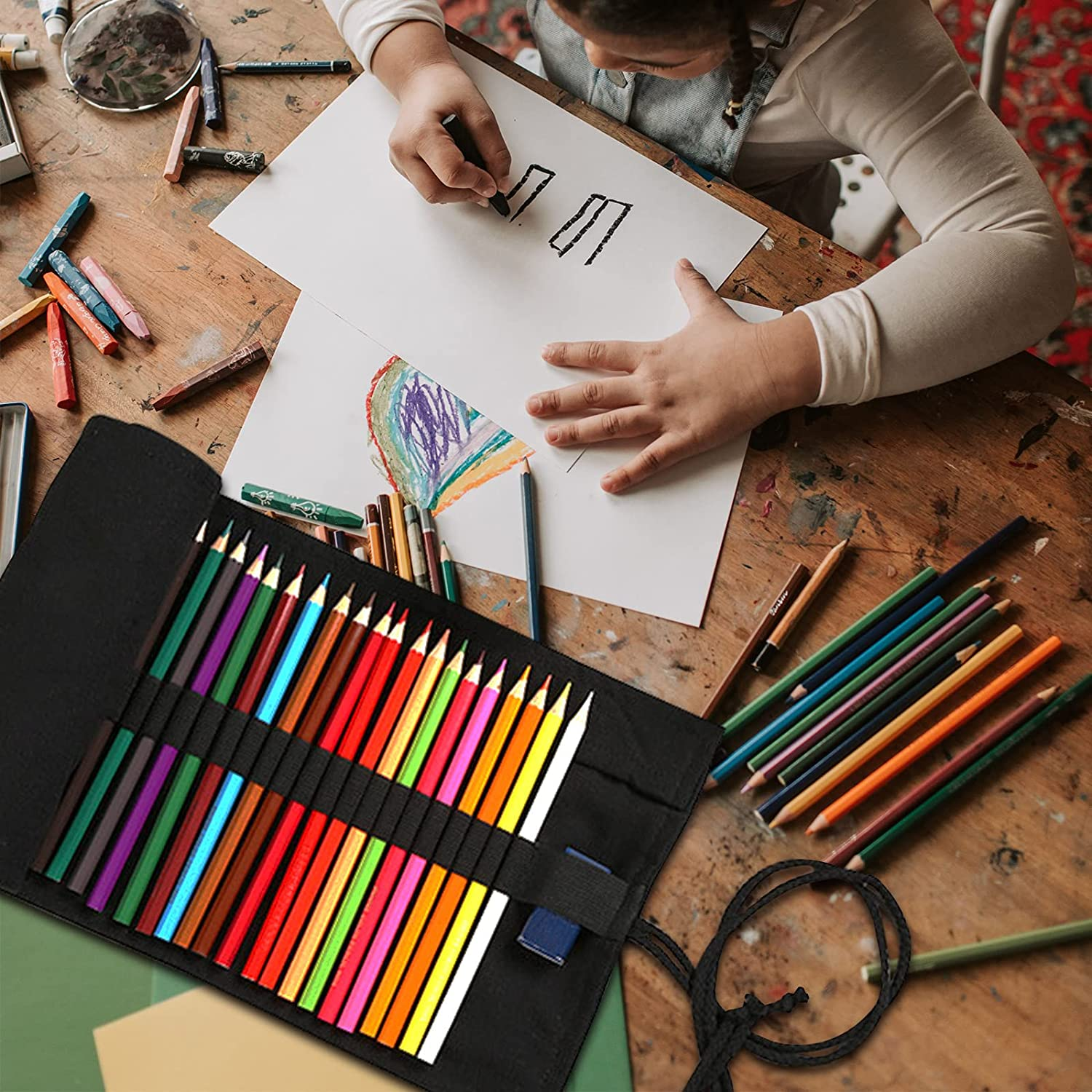 72 Slot Canvas Pencil Roll, Handmade Roll-Up Canvas Pencil Wrap for Artists, Sketchers, Students (Black) image number 5