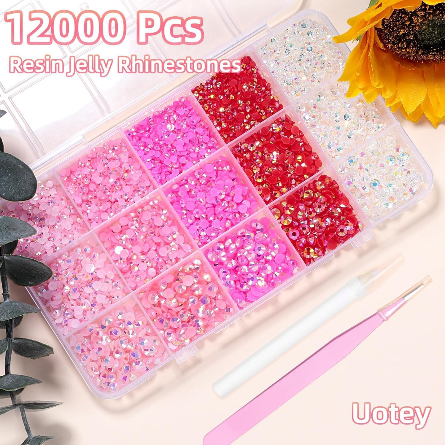 12000 Pcs Resin Jelly Rhinestones for Crafting, Multi Sizes Flatback Pink Color Gems, Bedazzling Crystal with Pickup Tool for DIY Crafts Clothing Shoes Fabric Nail Art image number 4