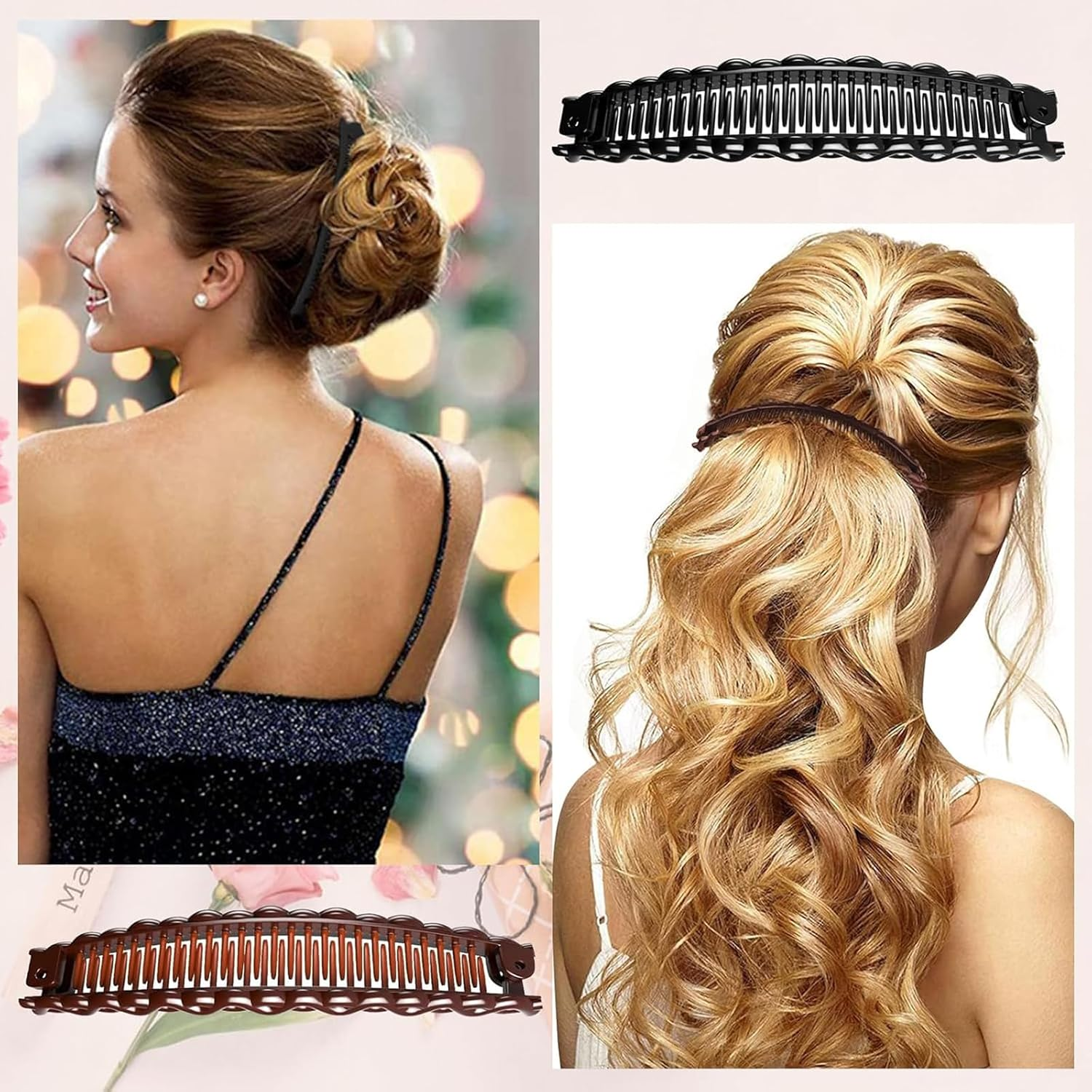 Set of Banana Hair Clips in Black and Brown, Portable Non-Slip Banana Clip, Ponytail Hair Clip for Women and Girls, Thin Thick Hair, Fashionable Hairstyles and Hair Styling image number 3