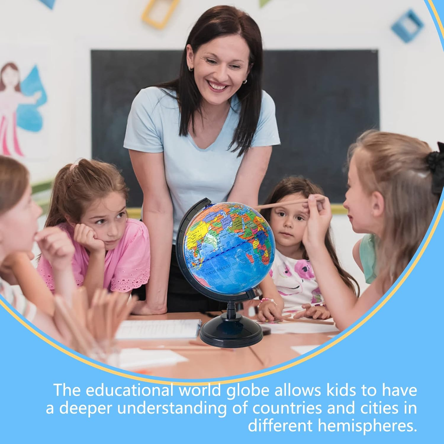 6'' Geographic World Globe for Kids - Educational with Stand, Decorative Rotating Map, Political for Classroom Geography Teaching and Kids Room Decor