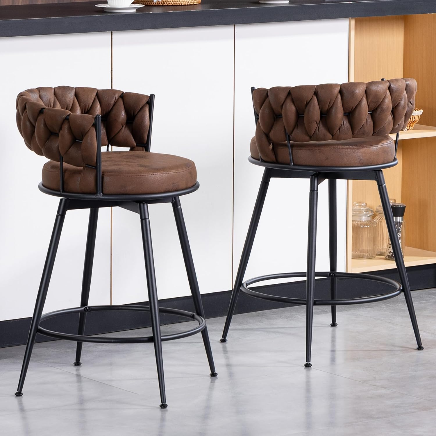 Bar Stools Set of 2, 71Cm Counter Height Swivel Stools with Woven Back & Suede Fabric Seat, 360&deg; Swivel Metal Frame Stools with Footrest for Kitchen Island, Cafe, Pub, Bar, Brown
