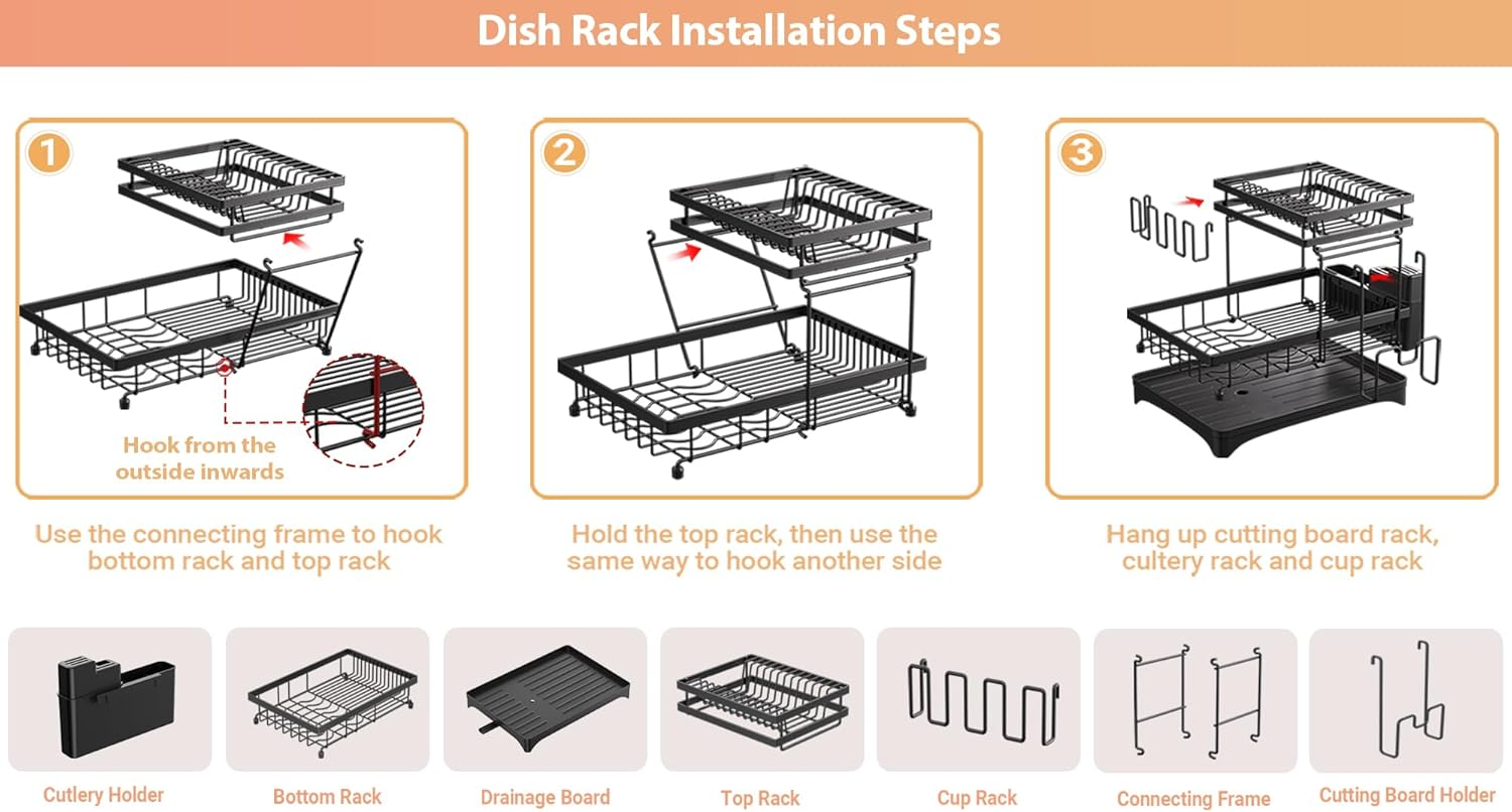 Jabykare 2-Tier Dish Drying Rack with 360&deg; Rotating Drainer Board, Strong Carbon Steel Dish Drainer with Cutlery Utensil Rack & Holders for Kitchen Storage & Organisation (Black) image number 3