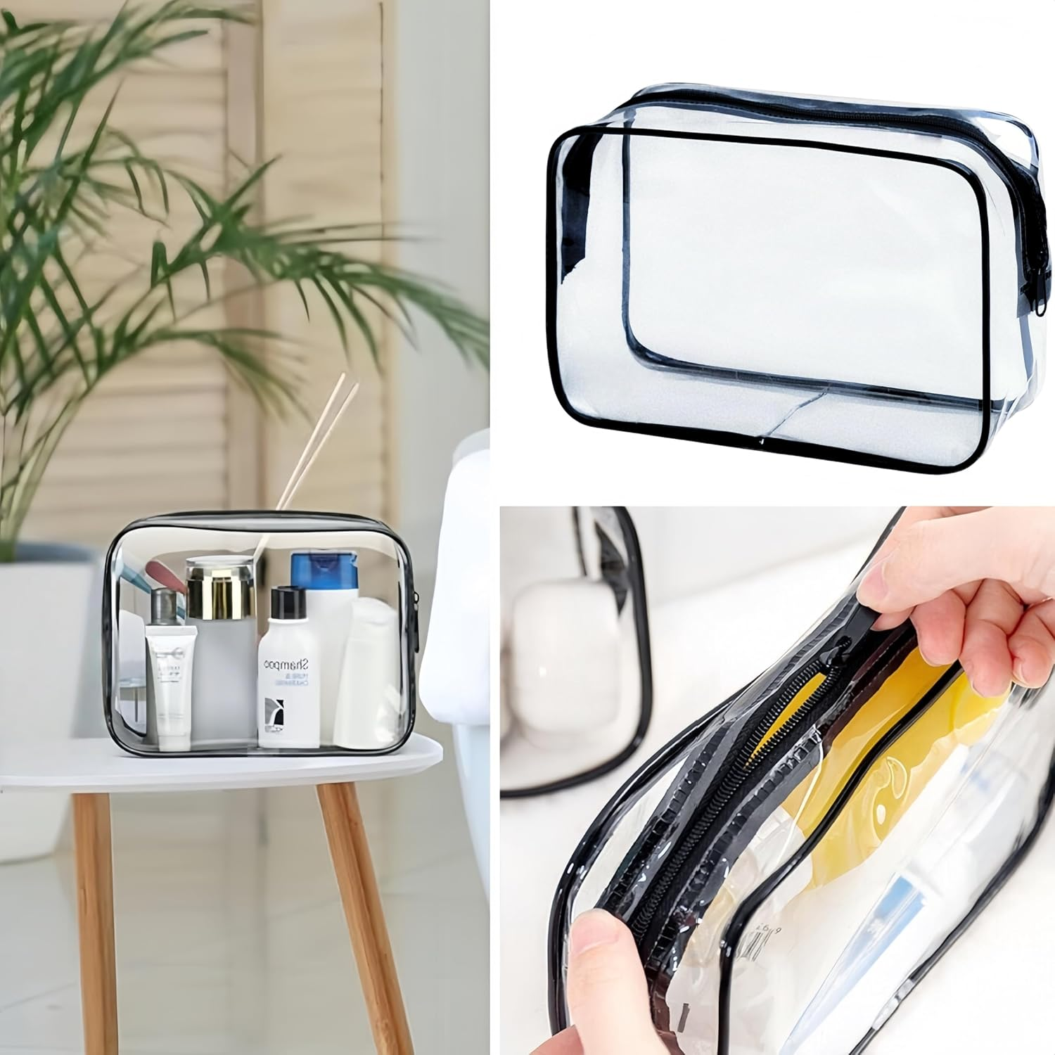 Clear Travel Makeup Cosmetic Bag,4 Pcs PVC Leakproof Toiletry Bag,Tsa Approved Wash Bag,For Women Men,Quart Size(Black) image number 3