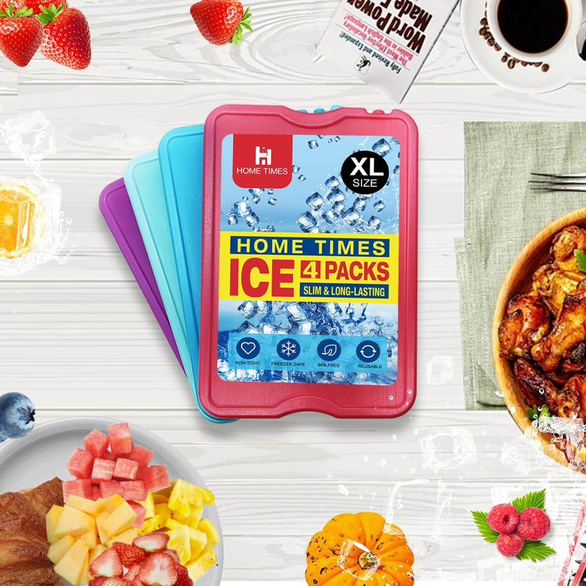 Home Times 4 Pack Slim Thin Reusable Ice Packs for Lunch Boxes, Coolers & Camping - Quick Freeze, Long Lasting Space Saving Freezer Packs, Multifunction Cooler Ice Brick（Built-In Gel）