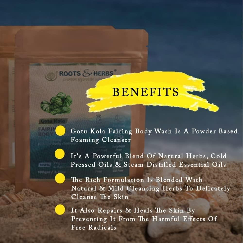 ROOTS and HERBS Ayurvedic Powder Body Wash Natural Treatment 100% Vegan Gotukola Fairing Powdered Body Cleanser Ubtan Powder Non-Foaming Body Wash - 3.52 Oz image number 1