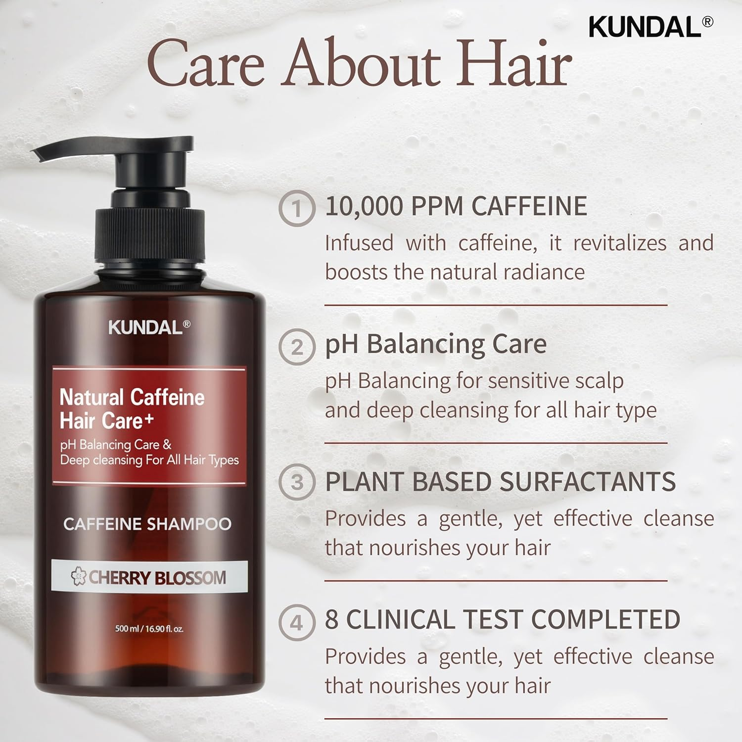 KUNDAL Natural Caffeine Scalp Shampoo [Cherry Blossom] Korean Hair Care, K-Beauty, Deep Cleansing, Scalp Care, for Thinning Hair, Helps Thickening, Scalp Care & Hair Strengthening, Natural Coffee Beans, Hydration, All Hair Types, for Men and Women 16.9Fl Oz image number 4