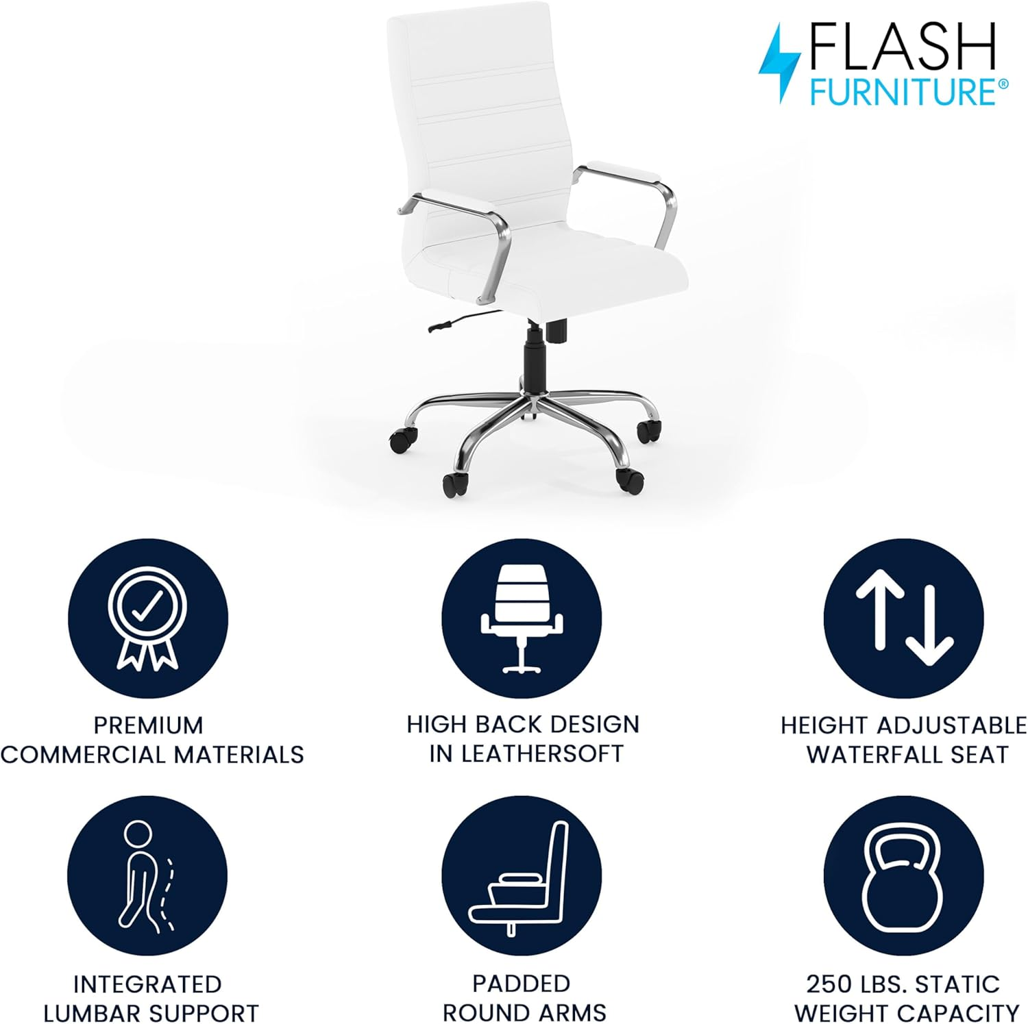 Flash Furniture High Back Office Chair | White Leathersoft Office Chair with Wheels and Arms