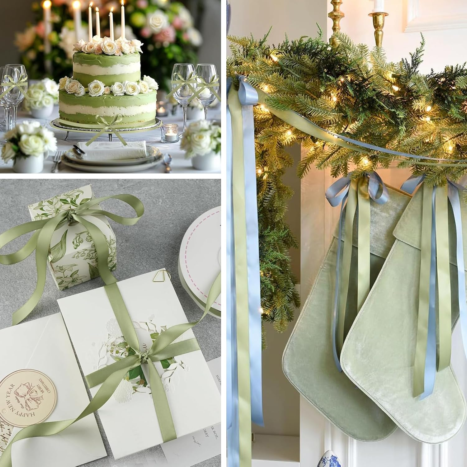 1 Roll of 10Mm X 25 Yards / 22 Metres Satin Ribbon,For Gifts Wrap Sew Party, Decorations Events Dress Wedding Christmas Crafts, Bows Car, DIY, Bouquets, Cake (Sage Green) - Sage Green image number 3