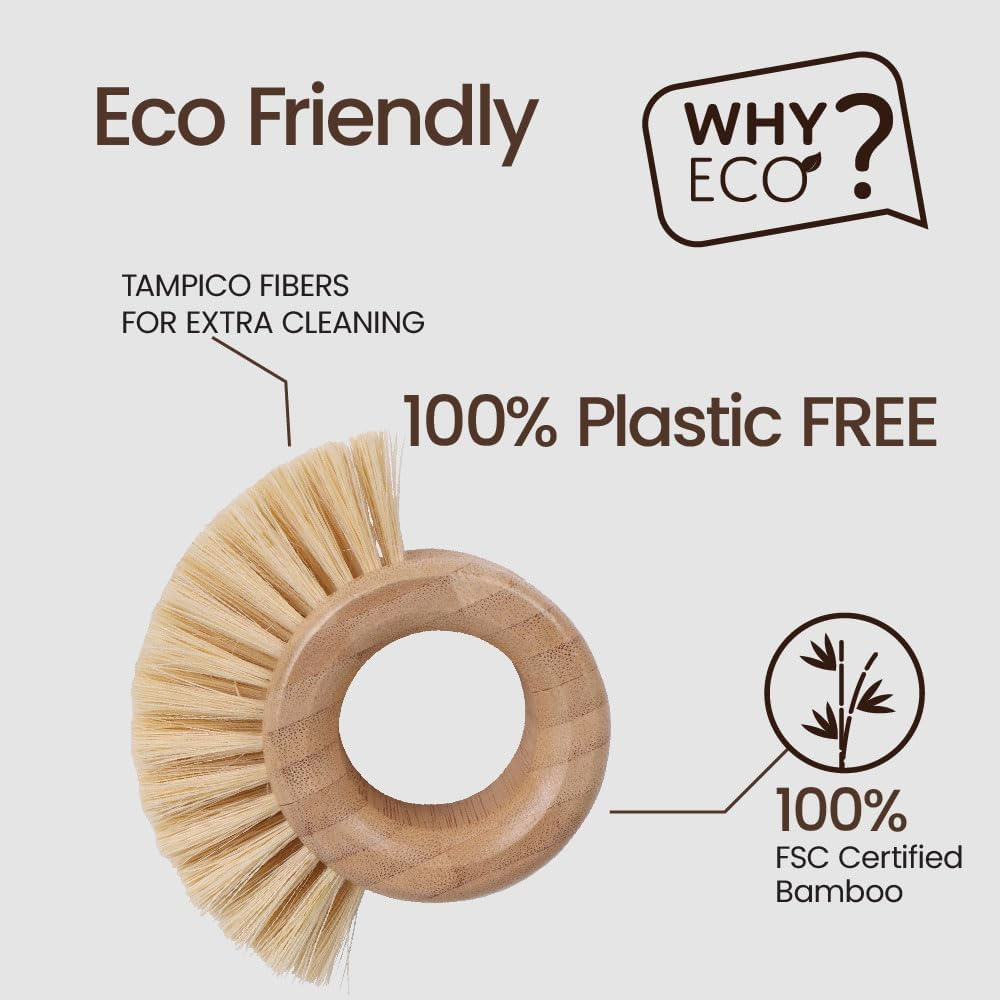 Eco Basics Plastic-Free Kitchen Cleaning Brush Set of 5 | Vegetable Brush, Dish Brush + Refills, Pot Brush & Bottle Brush | Bamboo & Tampico Fiber | Sustainable, Biodegradable & Eco-Friendly Tools image number 1