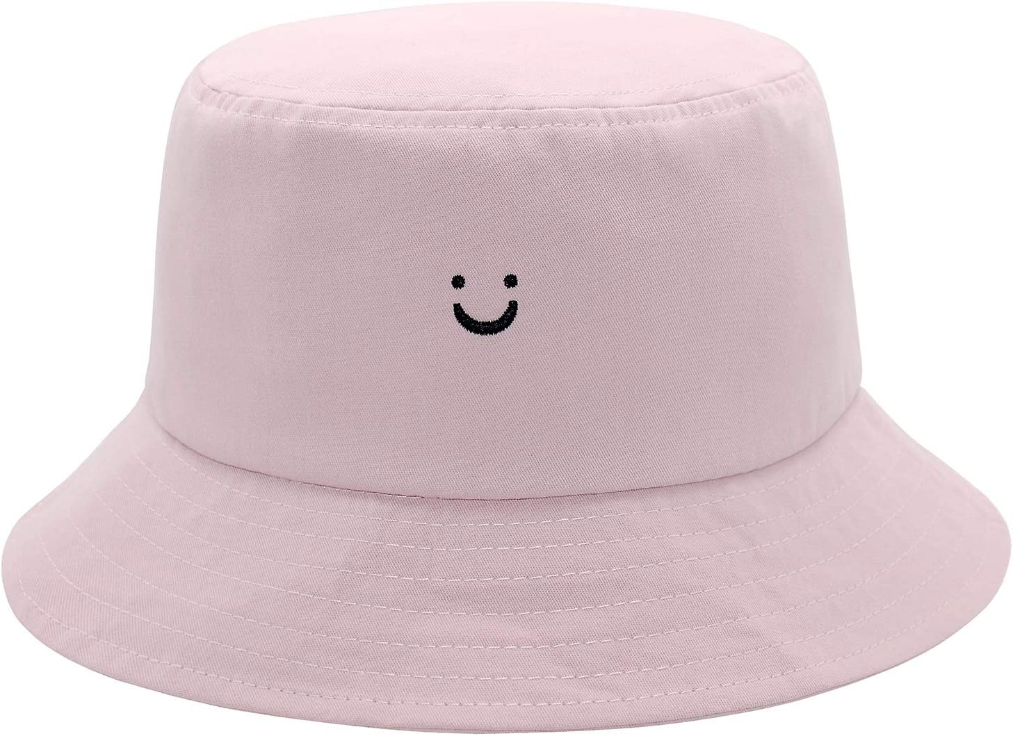 Bucket Hat Unisex 100% Cotton Smile Face Embroidery Reversible Hat Travel Bucket Beach Sun Hat Outdoor Cap