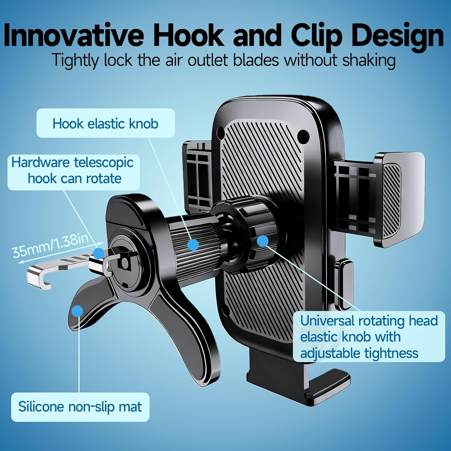 Car Vent Phone Holder with Strong Metal Hook, Triangle Stable Clip, 360&deg; Rotation & Anti-Slip Silicone, Fit for Dashboard Air Vents, Compatible with 4" - 7" Smartphones (Black) image number 6