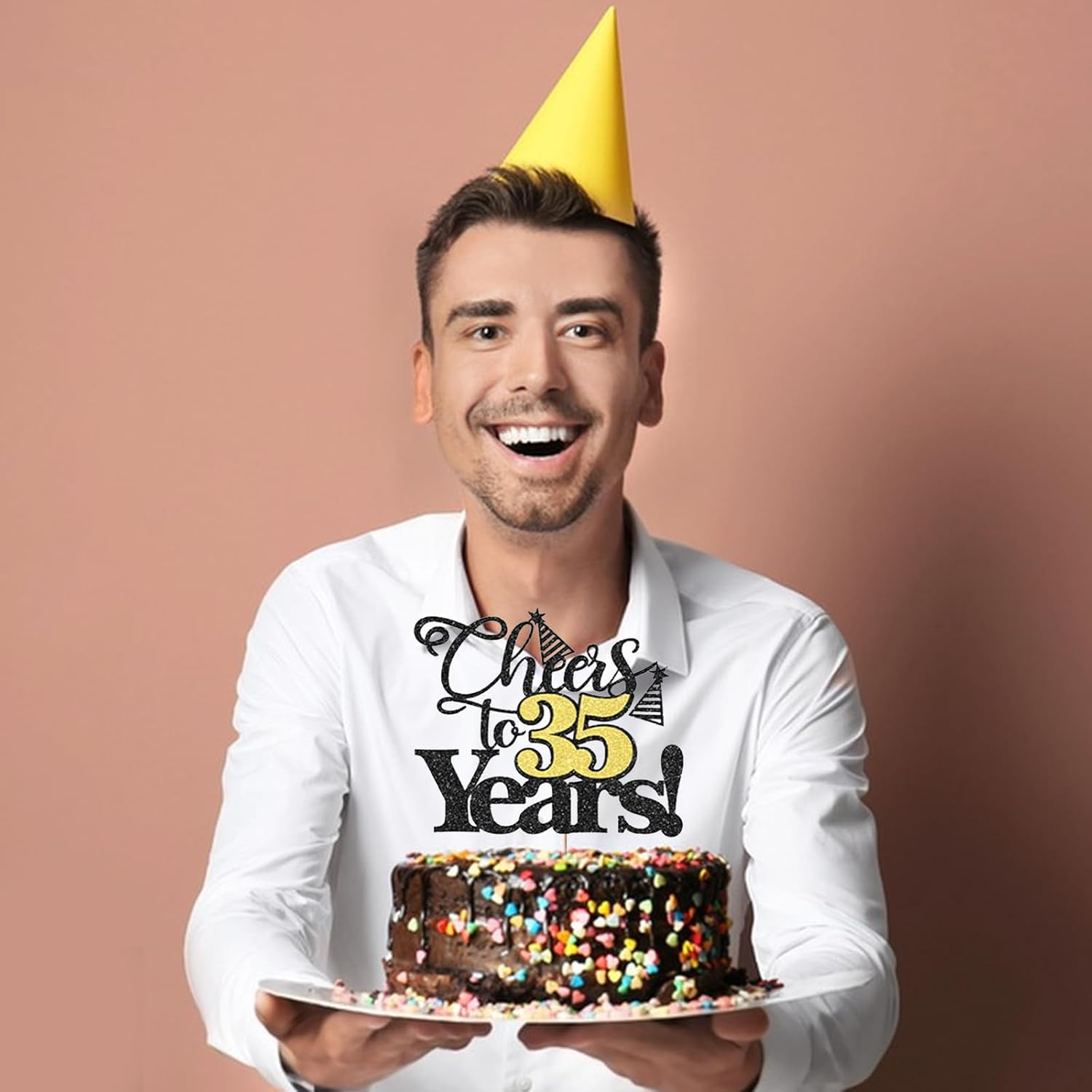 Chris.W 1 Pack Cheers to 35 Years Cake Topper, Black and Gold Glitter 35Th Birthday Cake Pick, Happy 35Th Cake Decoration for 35 Anniversary Birthday Party Decorations Supplies image number 5