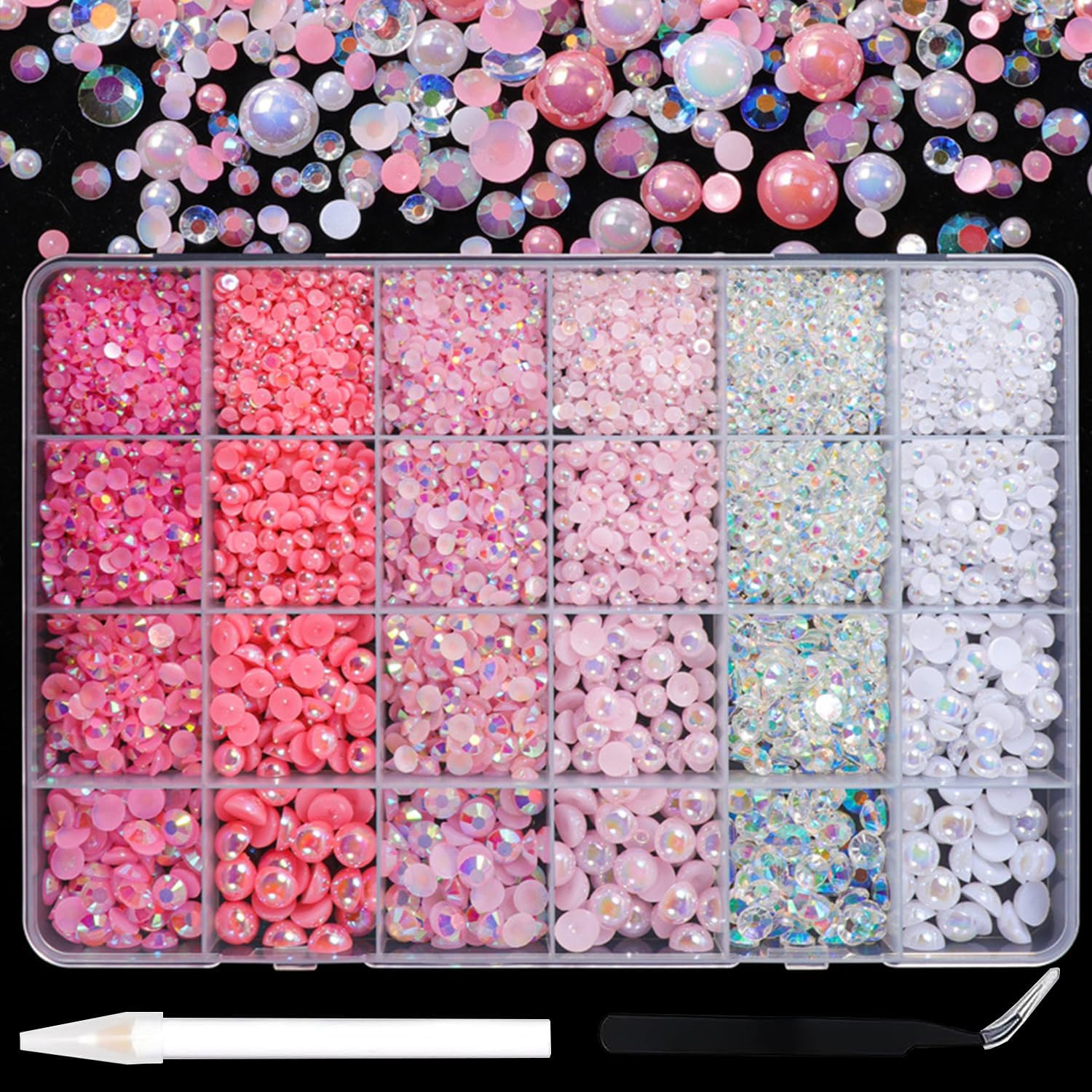 24 Grid Flatback Rhinestones and Beads for Nails, Betterjonny Rhinestones for Crafts 3-8 Mm Glitter Stones Half Beads with Tweezers and Dotting Pen for DIY Crafts Nail Design Clothing F image number 3