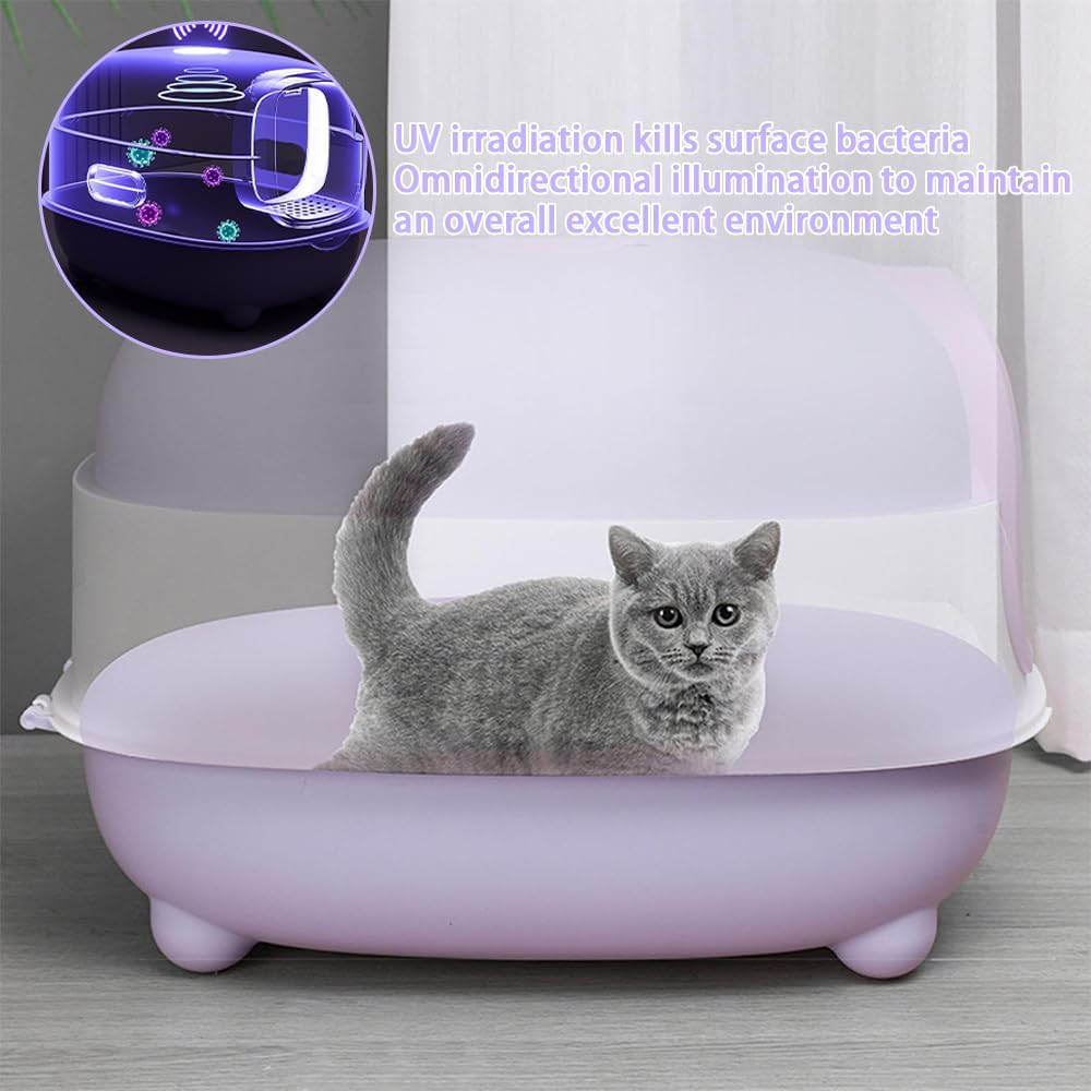 Cat Litter Box with Lid and Scoop UV Sterilization and Deodorization, Easy to Clean and Splash-Proof Detachable Cat Litter Tray with Hood for Medium and Small Cats 55X38X36Cm (Purple) image number 6