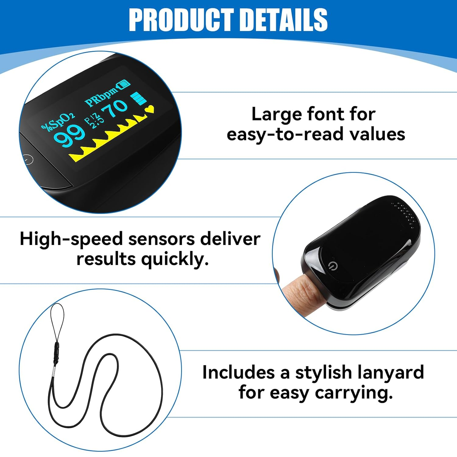 Fingertip Pulse Oximeter, Blood Oxygen Saturation Monitor with Dual-Colour OLED Screen, One-Button Operation for Spo2 Pulse Rate PI Index & Respiration Rate, Portable for Adults Kids Sports & Home Use image number 6