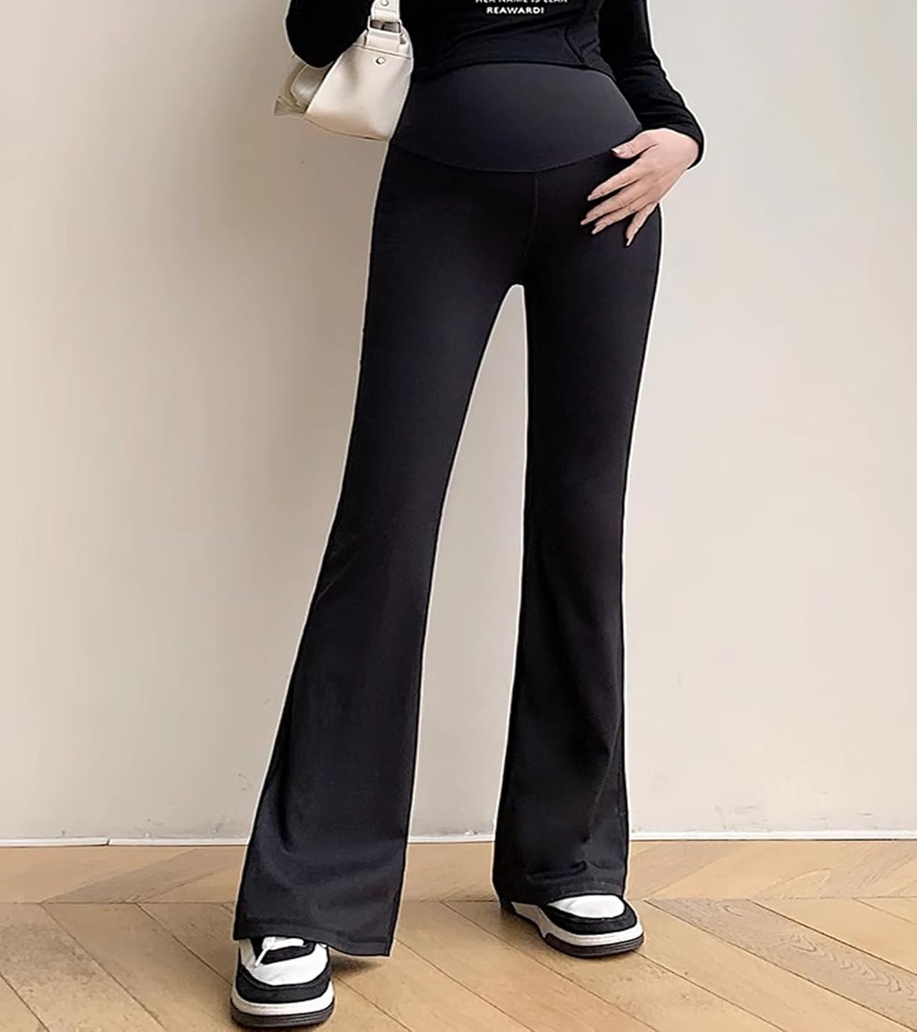 Maternity Leggings over Bump,Women'S Maternity Pants Pregnancy Buttery Soft Leggings Flare, Black, L image number 4