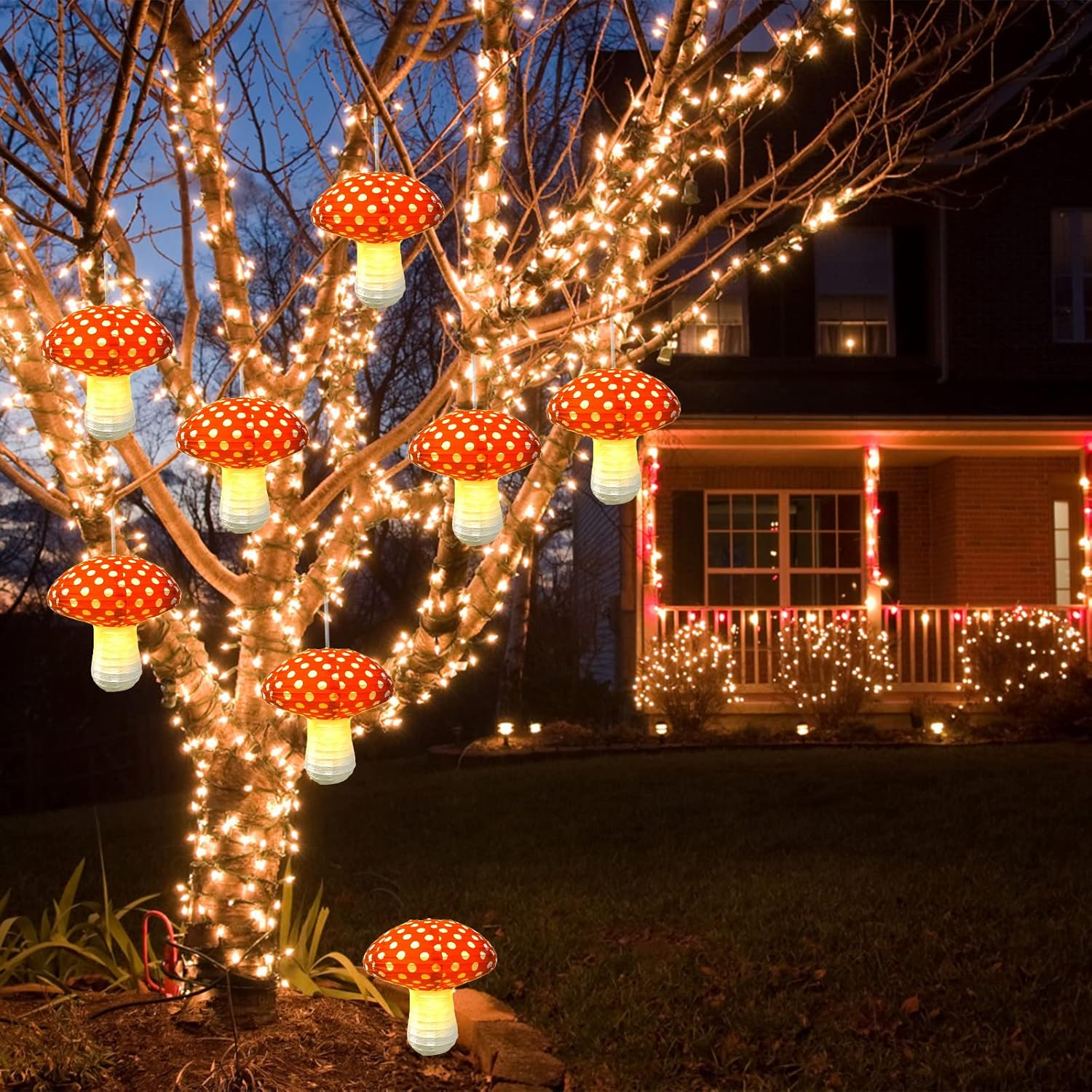 4Pcs Mushroom Shaped Paper Lanterns Hanging Mushroom Decoration Birthday Party Decor Cute Decoration for Jungle Wonderland Theme Party Garden Wedding Kids Room (Mushroom/Red) image number 4