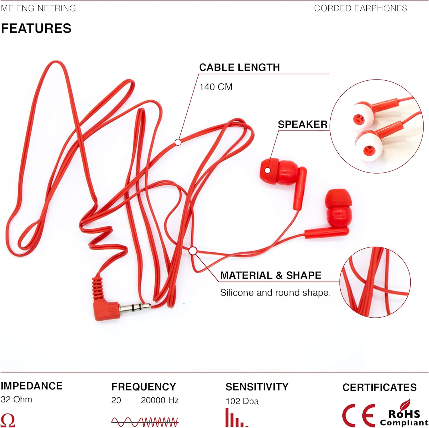 M&E Pack of 100 Disposable Headphones, Headphones with 3.5 Mm Jack, in Individual Pockets for Maximum Hygiene, Colour: Red image number 6