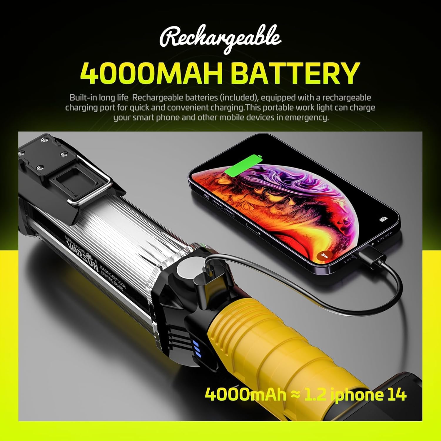 ​​WARSUN Rechargeable 1500LM COB LED Work Light - Magnetic Hands-Free Trouble Light with Hook, IPX4 Waterproof for Garage Repair, Emergency | Tool Gifts for Men (Yellow)​ image number 5